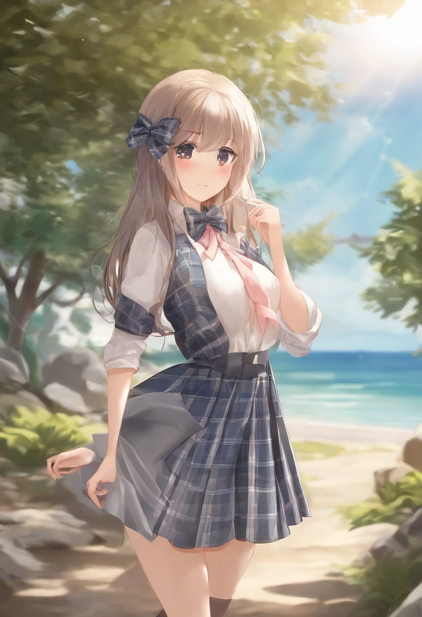 masterpiece, high quality best quality,1girl, bangs, beach, blue_sky, blush, bow, breasts, checkered, checkered_shirt, checkered_skirt, cloud, cloudy_sky, collarbone, day, envelope, giving, grass, hair_bow, heart, holding, holding_letter, horizon, incoming_gift, kazami_yuuka, leaning_forward, lens_flare, letter, light_rays, long_hair, looking_at_viewer, love_letter, mountain, mountainous_horizon, ocean, outdoors, plaid, plaid_background, plaid_bikini, plaid_bow, plaid_bowtie, plaid_bra, plaid_dress, plaid_headwear, plaid_jacket, plaid_legwear, plaid_necktie, plaid_neckwear, plaid_panties, plaid_pants, plaid_ribbon, plaid_scarf, plaid_shirt, plaid_skirt, plaid_vest, pov, shirt, skirt, sky, smile, solo, sun, sunbeam, sunlight, tree, unmoving_pattern