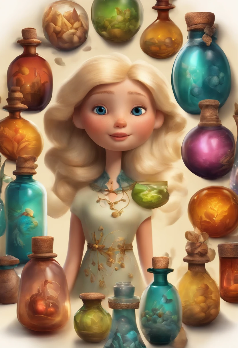 A collector of ideas inspired by Pixar animation, de perto. She is surrounded by a collection of magic vials, each containing a unique idea. The focus is on the character, with a captivating facial expression, In a flickering scenario, cores efervescentes.