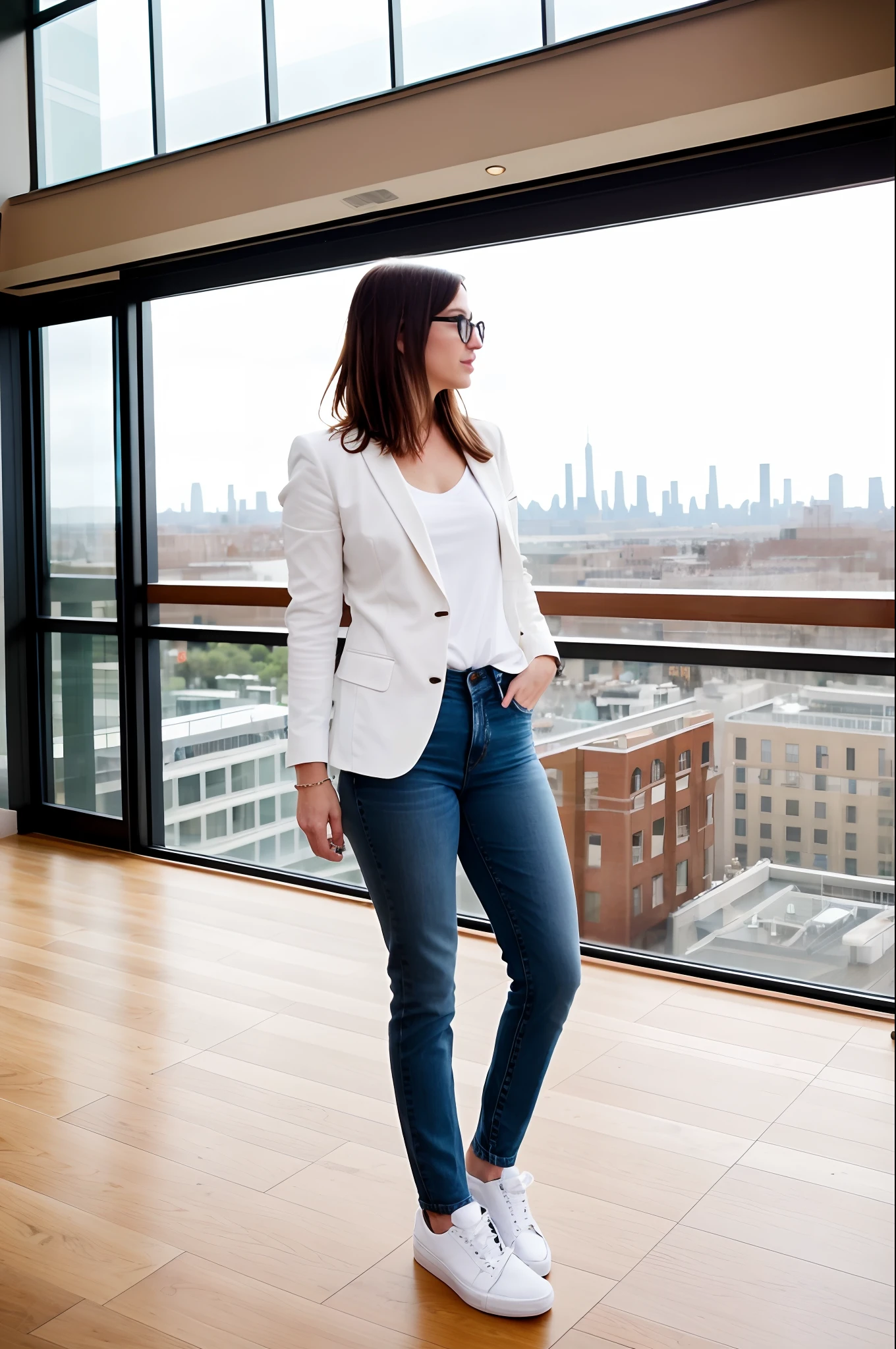 Disney Pixar style, slim fit 35yo woman, shoulder length dark blond hair, light brown almond shaped eyes with round glasses, wearing jeans, white shirt, cool blue blazer, white shoes, on a large room with big windows to the city view