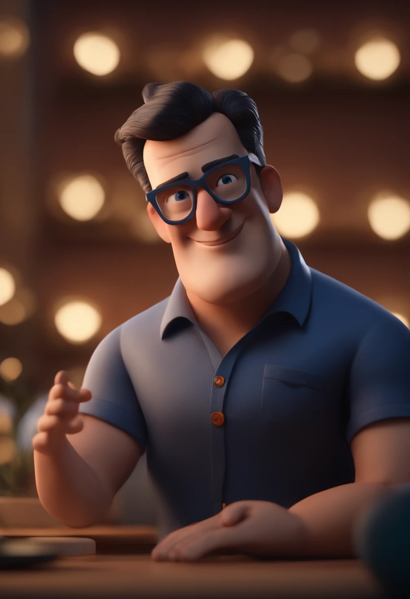 Cartoon character of a man with black glasses and a blue shirt, animation character, Caractere estilizado, animation style rendering, 3D estilizado, Arnold Maya render, 3 d render stylized, toon render keyshot, Personagem 3D, Personagem 3D, 3d rendering stylized, 3 d character render, personagem de desenho animado, Personagem de close up, Pose de personagem, (Estilo Pixar) (master part:1.2) (Bokeh) (best quality) (pele detalhada) (textura detalhada) (8k) (argila) (Cinematic lighting) (foco nítido