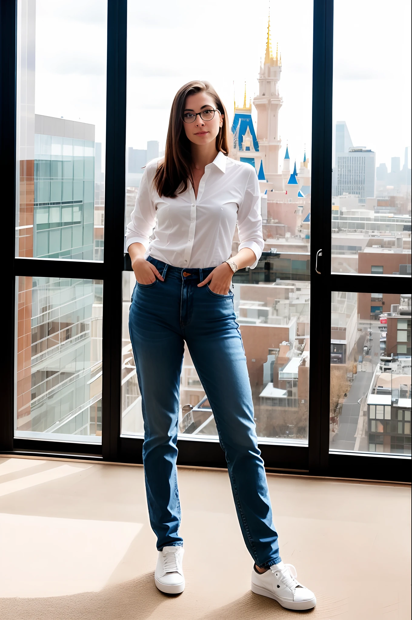 Disney Pixar style, slim fit 35yo woman, shoulder length dark blond hair, light brown almond shaped eyes with round glasses, wearing jeans, white shirt, cool blue blazer, white shoes, on a large room with big windows to the city view