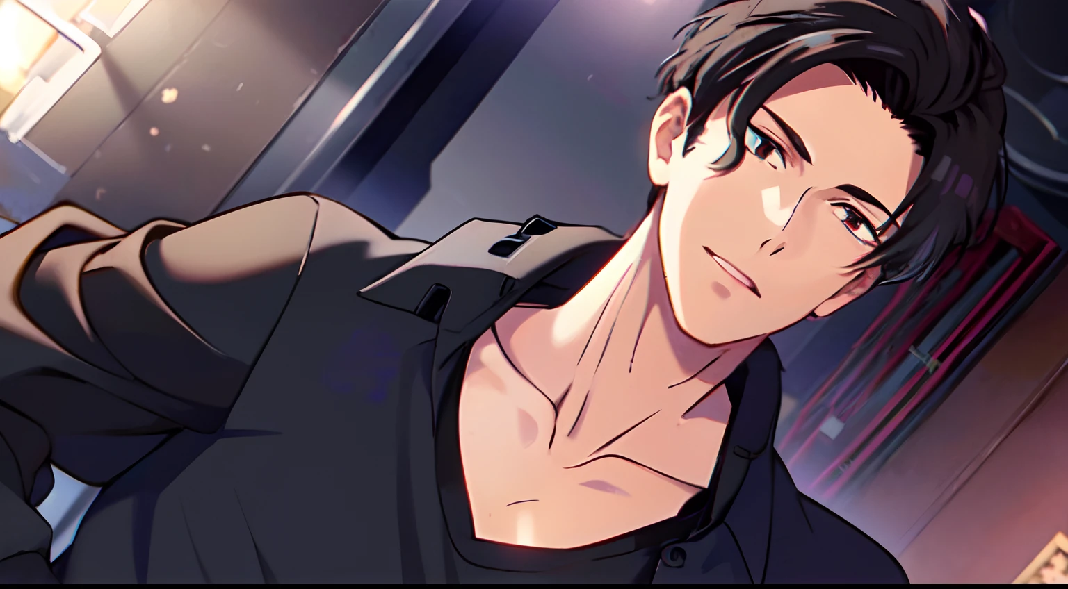 masterpiece, (1Boy), luci, red eyes, black hair, pregnant, black turtleneck