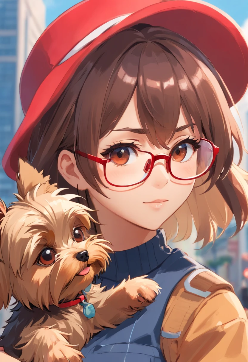 Yorkshire Terrier, . .. .。.。.。.。...3d, 8k, Artwork, alta qualidade, wearing a red hat,Wear cool glasses