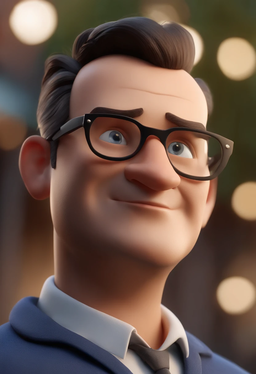 Cartoon character of a man wearing black glasses and a blue shirt, um personagem animado, Caractere estilizado, animation style rendering, 3D estilizado, Arnold Maya render, 3 d render stylized, toon render keyshot, Personagem 3D, Personagem 3D, 3d rendering stylized, 3 d character render, personagem de desenho animado, Personagem de close up, Pose de personagem, (Estilo Pixar) (master part:1.2) (Bokeh) (best quality) (pele detalhada) (textura detalhada) (8k) (argila) (Cinematic lighting) (foco nítido,Senta e vaza a parte superior do corpo