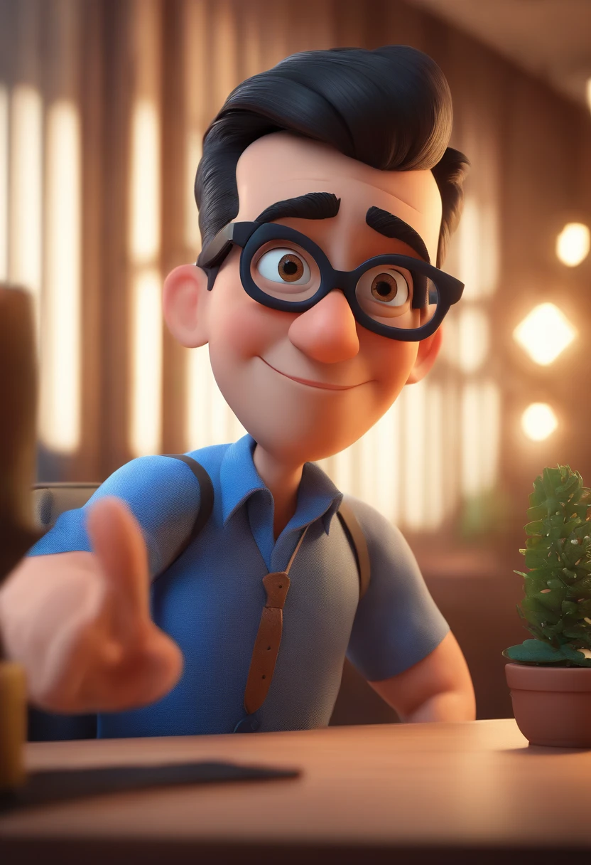 Cartoon character of a man wearing black glasses and a blue shirt, um personagem animado, Caractere estilizado, animation style rendering, 3D estilizado, Arnold Maya render, 3 d render stylized, toon render keyshot, Personagem 3D, Personagem 3D, 3d rendering stylized, 3 d character render, personagem de desenho animado, Personagem de close up, Pose de personagem, (Estilo Pixar) (master part:1.2) (Bokeh) (best quality) (pele detalhada) (textura detalhada) (8k) (argila) (Cinematic lighting) (foco nítido,Senta e vaza a parte superior do corpo