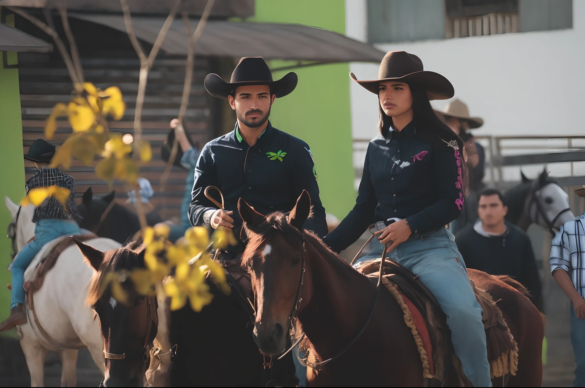 They're riding horses in the street with people watching, Vaquero mexicano, 👰 🏇 ❌ 🍃, par, vaqueiro, festival, Cowboys, vaca-menina, estilo vaqueiro, Roupas ocidentais, Malika Favre, Directed by: Caro Niederer, Directed by: Emma Andijewska, Directed by: Matteo Pérez, estilo de vida, Woman, por Romain brook, andrea rocha
