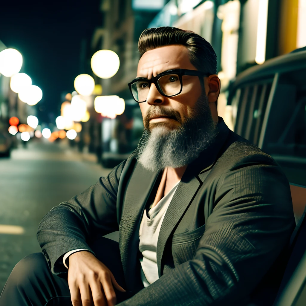 Create a half-body photo of a bearded man with glasses, achieving razor-sharp clarity on his face. He is seated in the middle of the street with a background of bokeh lights, providing intricate details. He's resting on steel metal, creating an elegant composition with a sharp focus. The photograph will be taken by Greg Rutkowski and will feature soft lighting with vibrant colors to emphasize the masterful part of the scene. The setting will be the streets, and the face will be detailed at a scale of 1.2.