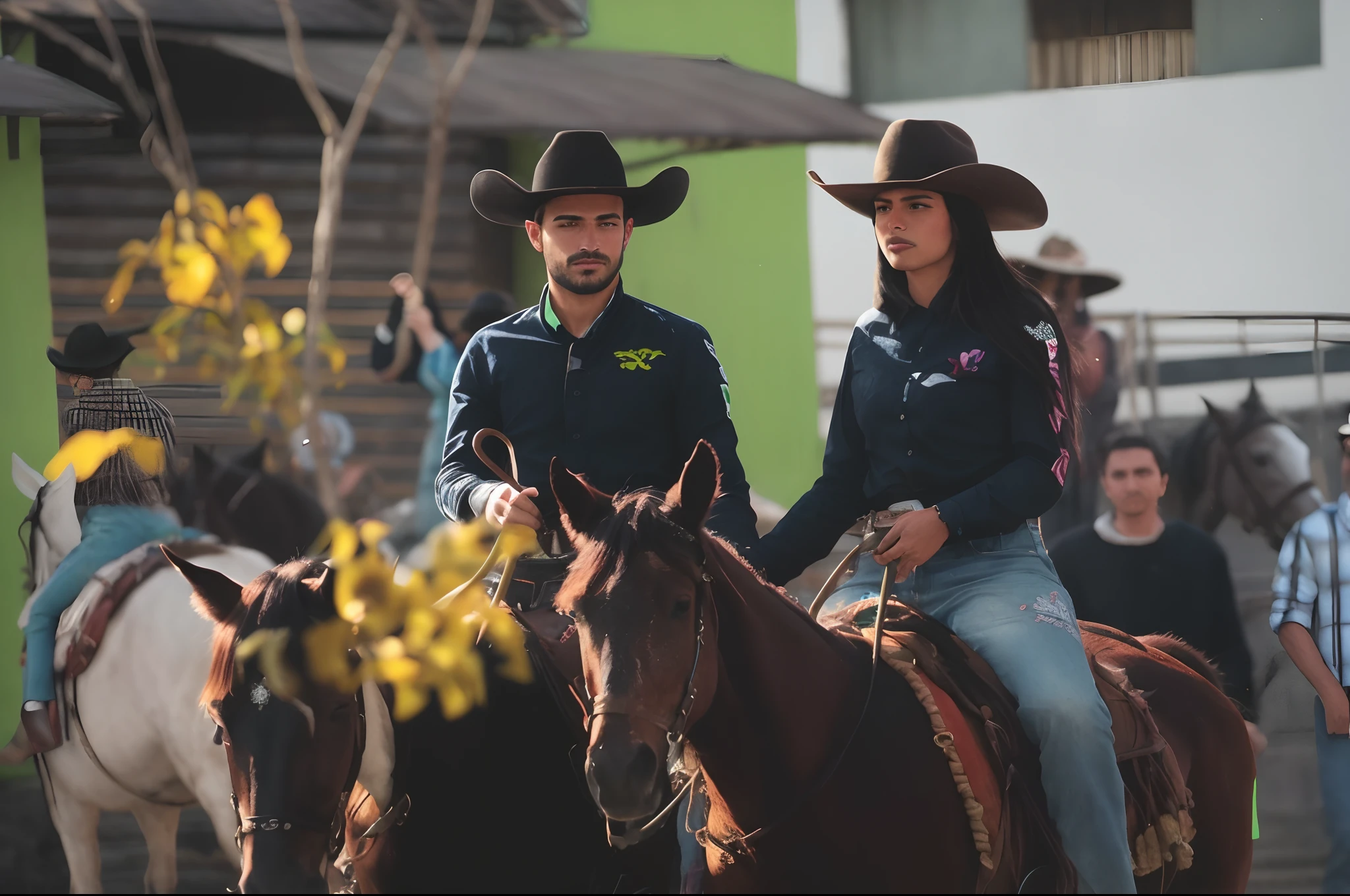 They're riding horses in the street with people watching, Vaquero mexicano, 👰 🏇 ❌ 🍃, par, vaqueiro, festival, Cowboys, vaca-menina, estilo vaqueiro, Roupas ocidentais, Malika Favre, Directed by: Caro Niederer, Directed by: Emma Andijewska, Directed by: Matteo Pérez, estilo de vida, Woman, por Romain brook, andrea rocha