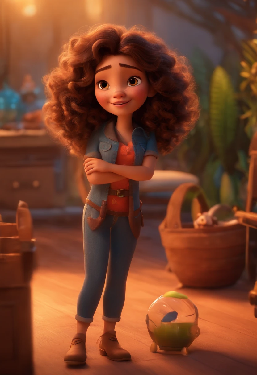 Pixar style image with 3D character brunette woman medium long curly hair foot , Maquiagem Disney,Pescador, bonitinho, sorridente ,Close-up, Pixar, Disney, Cinema lighting,