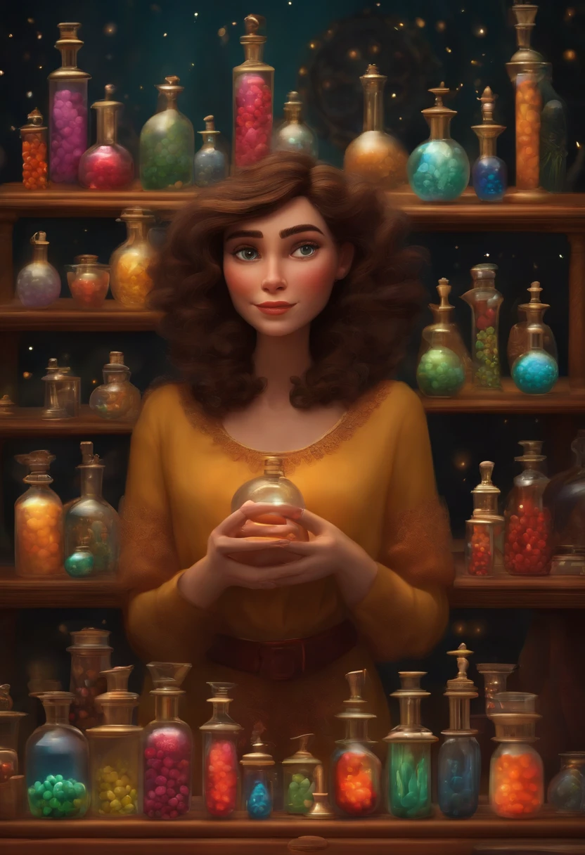 A collector of ideas inspired by Pixar animation, de perto. She is surrounded by a collection of magic vials, each containing a unique idea. The focus is on the character, with a captivating facial expression, Against a backdrop of shimmering, cores efervescentes.