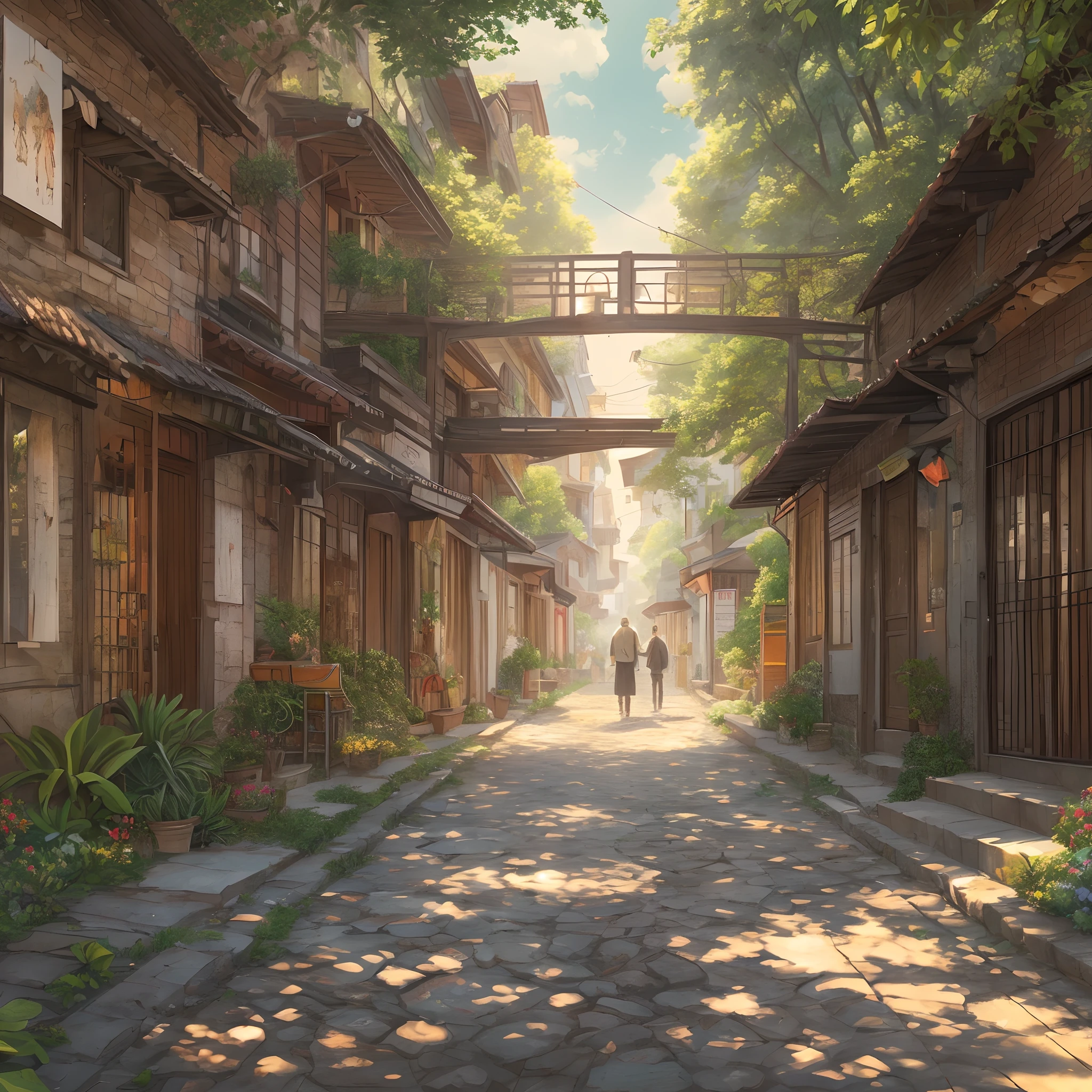 (illustration), (high resolution), (8K), (extremely detailed), (best illustration), (beautiful detailed eyes), (best quality), (super detailed), (masterpiece), (wallpaper), warm and quiet day, roaming in the sun, old loves scattered on the street, I burned out matches, in the paradise, on the opposite side of the end, people waves, green along the way, in the paradise.