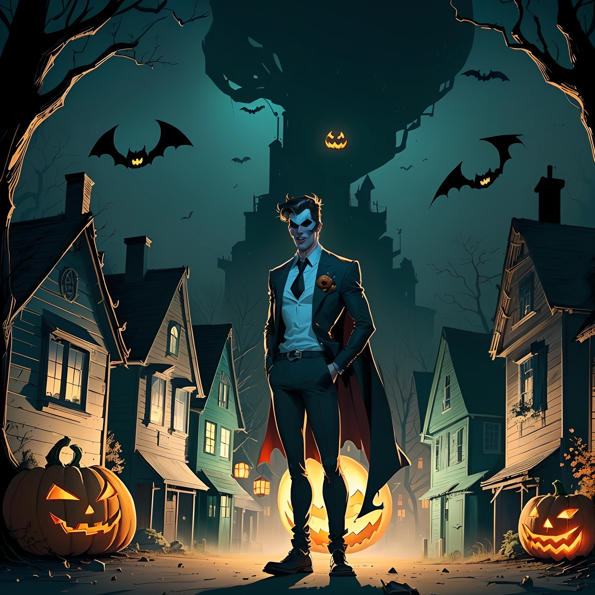 nsfw batman in a dark city with pumpkins and bats, halloween art style, background artwork, halloween atmosphere, in a halloween style, spooky halloween night, full color digital illustration, halloween night, halloween scene, in the art style of dan mumford, full color illustration, in the style dan mumford artwork, halloween, jen bartel, scary night, epic full color illustration, describe a male superhero, in a spooky apartment village in the woods, focus on being different, sexy, cute, a toonish concept style, ecchi anime, in a happy Halloween environment