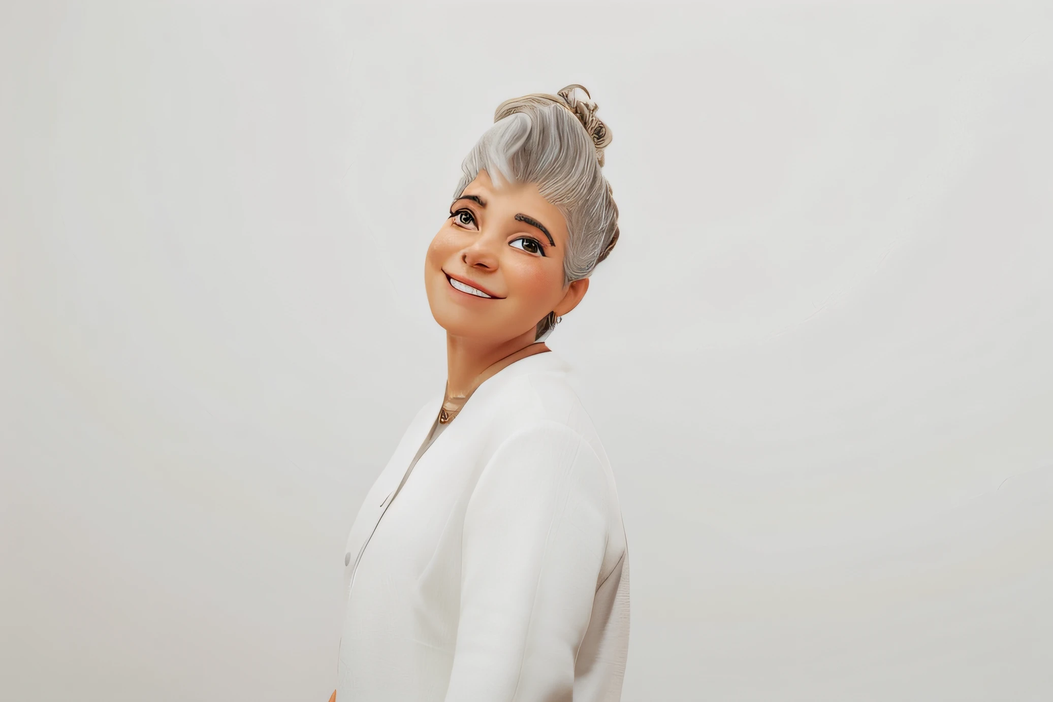 Uma mulher 50 anos cabelo curto cinza arrepiado, moderna, feliz