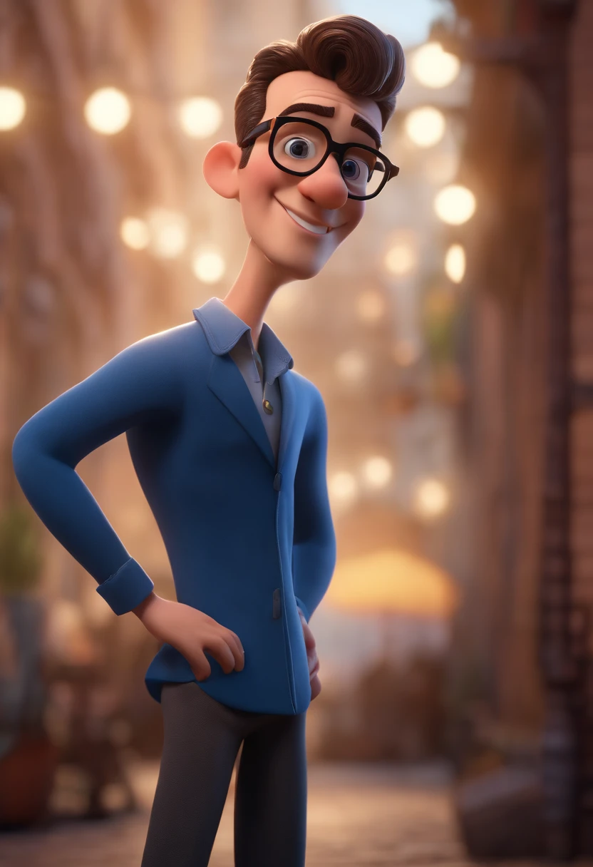 Cartoon character of a man with black glasses and a blue shirt, animation character, Caractere estilizado, animation style rendering, 3D estilizado, Arnold Maya render, 3 d render stylized, toon render keyshot, Personagem 3D, Personagem 3D, 3d rendering stylized, 3 d character render, personagem de desenho animado, Personagem de close up, Pose de personagem, (Estilo Pixar) (master part:1.2) (Bokeh) (best quality) (pele detalhada) (textura detalhada) (8k) (argila) (Cinematic lighting) (foco nítido