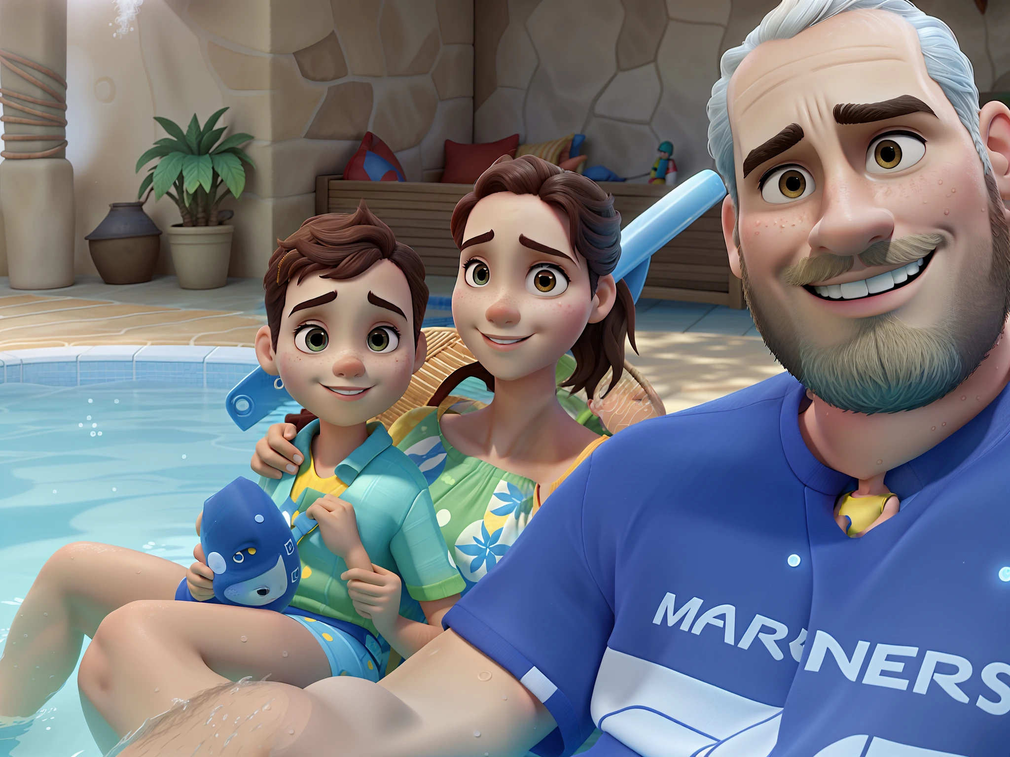 Pai de barba, Mother and son in swimming pool enjoying the summer, Disney pixar luz de cinema, Tropical Lighting Realistic Skin Texture