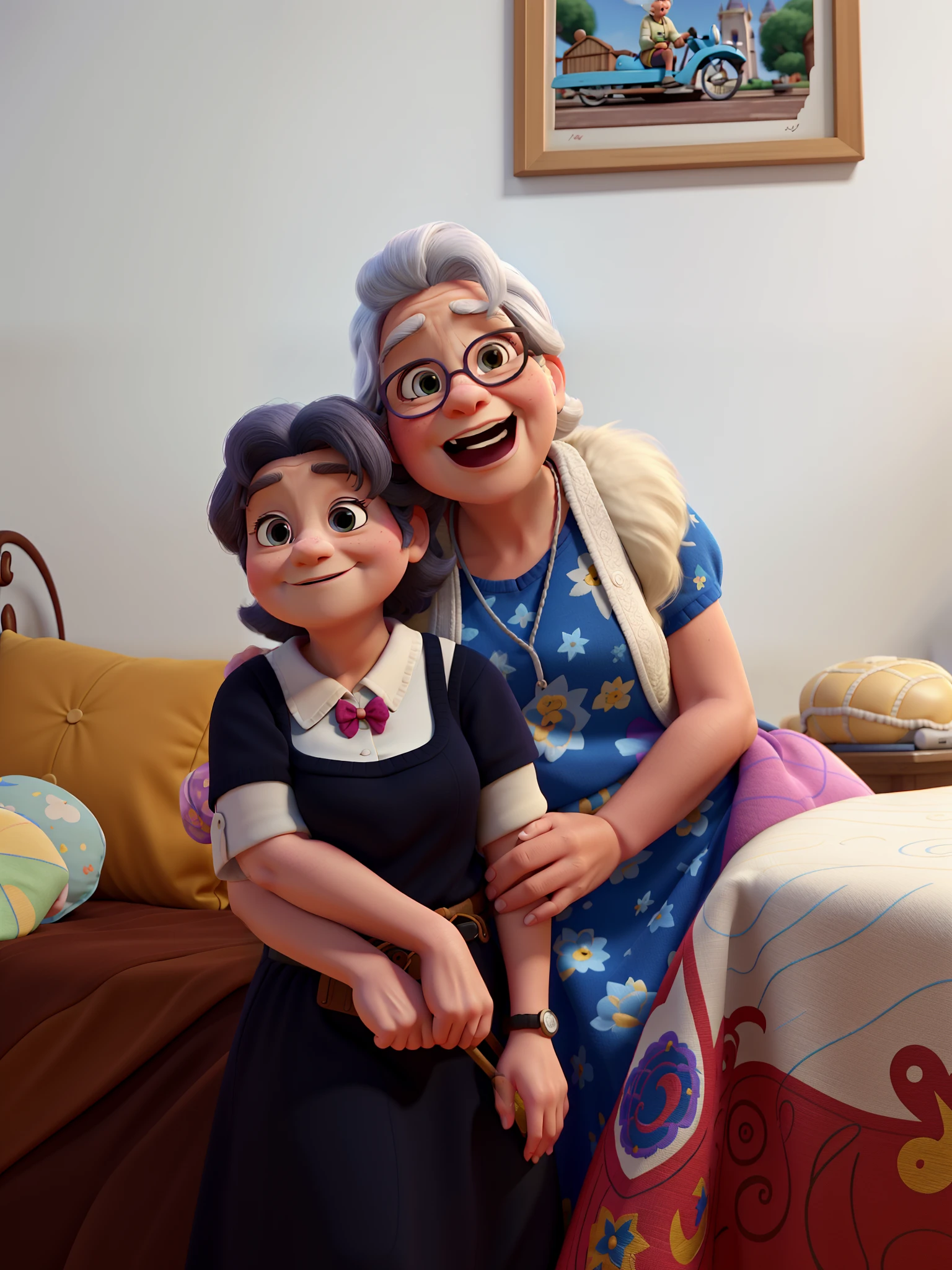 a young woman hugging a young grandmother sending her a kiss, cabelos ruivos com fundo angelical melhor qualidade,