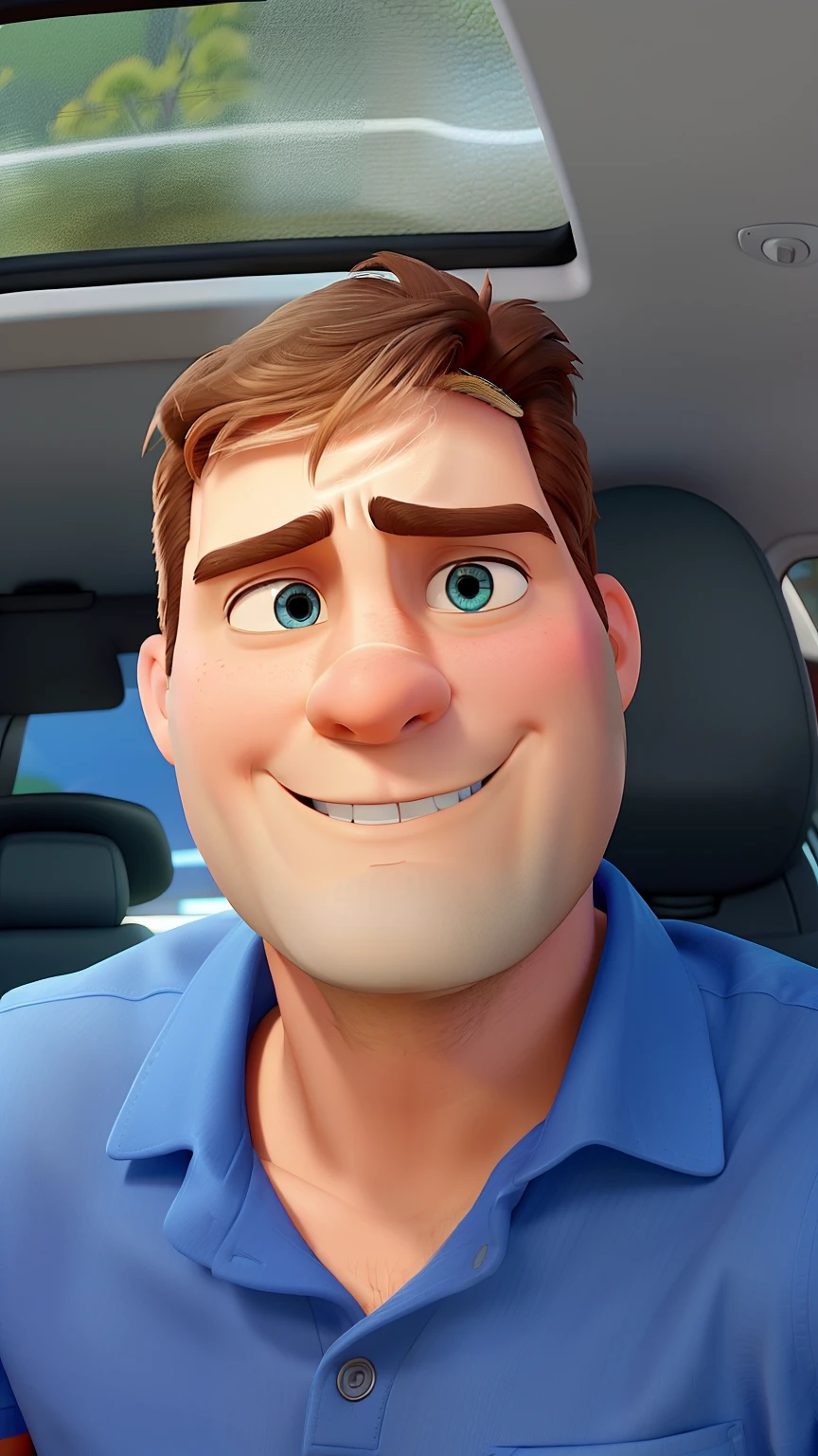 Poster no estilo Disney pixar, alta qualidade, melhor qualidade, homem sexy branco, 30 anos, cabelo e olhos claros, blusa azul, dentro do carro
