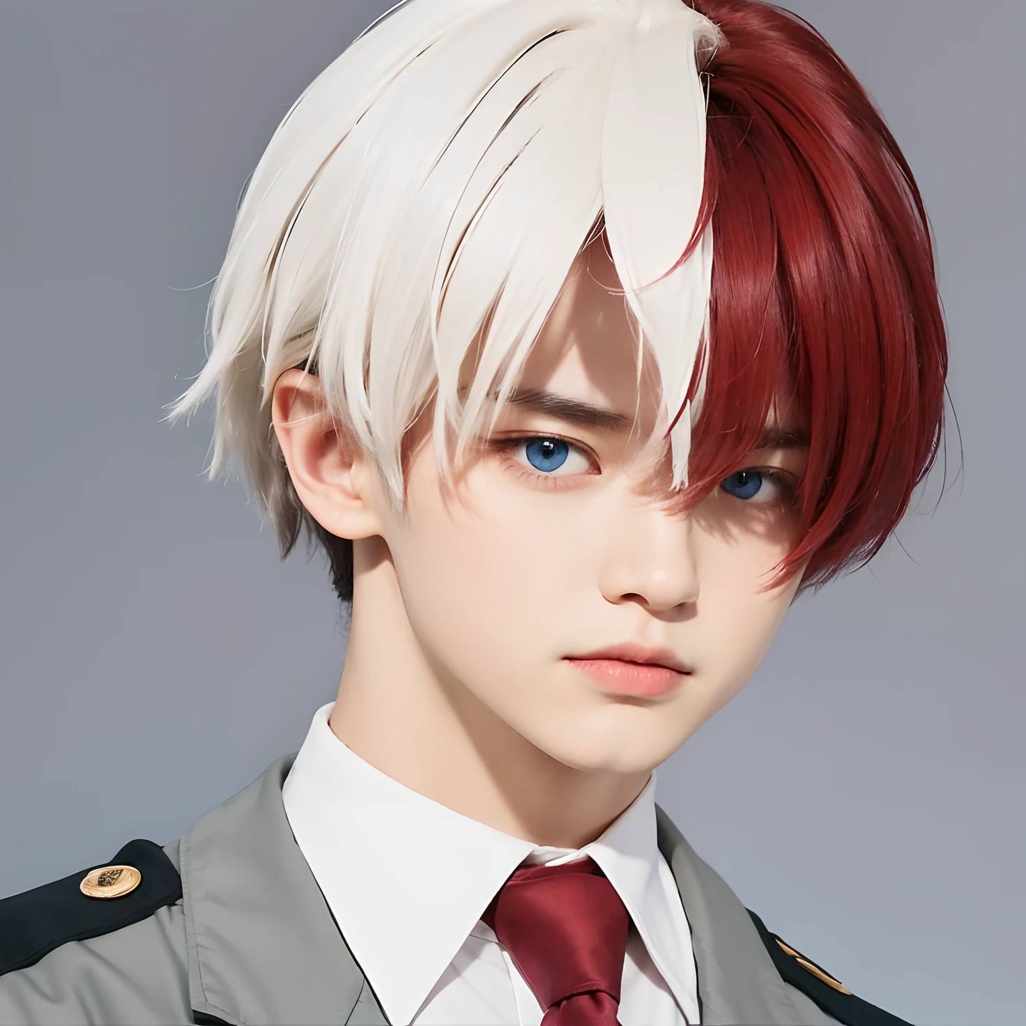 A boy with realistic white and red hair, realistic bright blue eyes, realistic Korean handsome face, realistic cool expression,Adapt the clothes exactly the same, Realistic white shirt, realistic red tie,realistic light, realistic shadows, realistic background