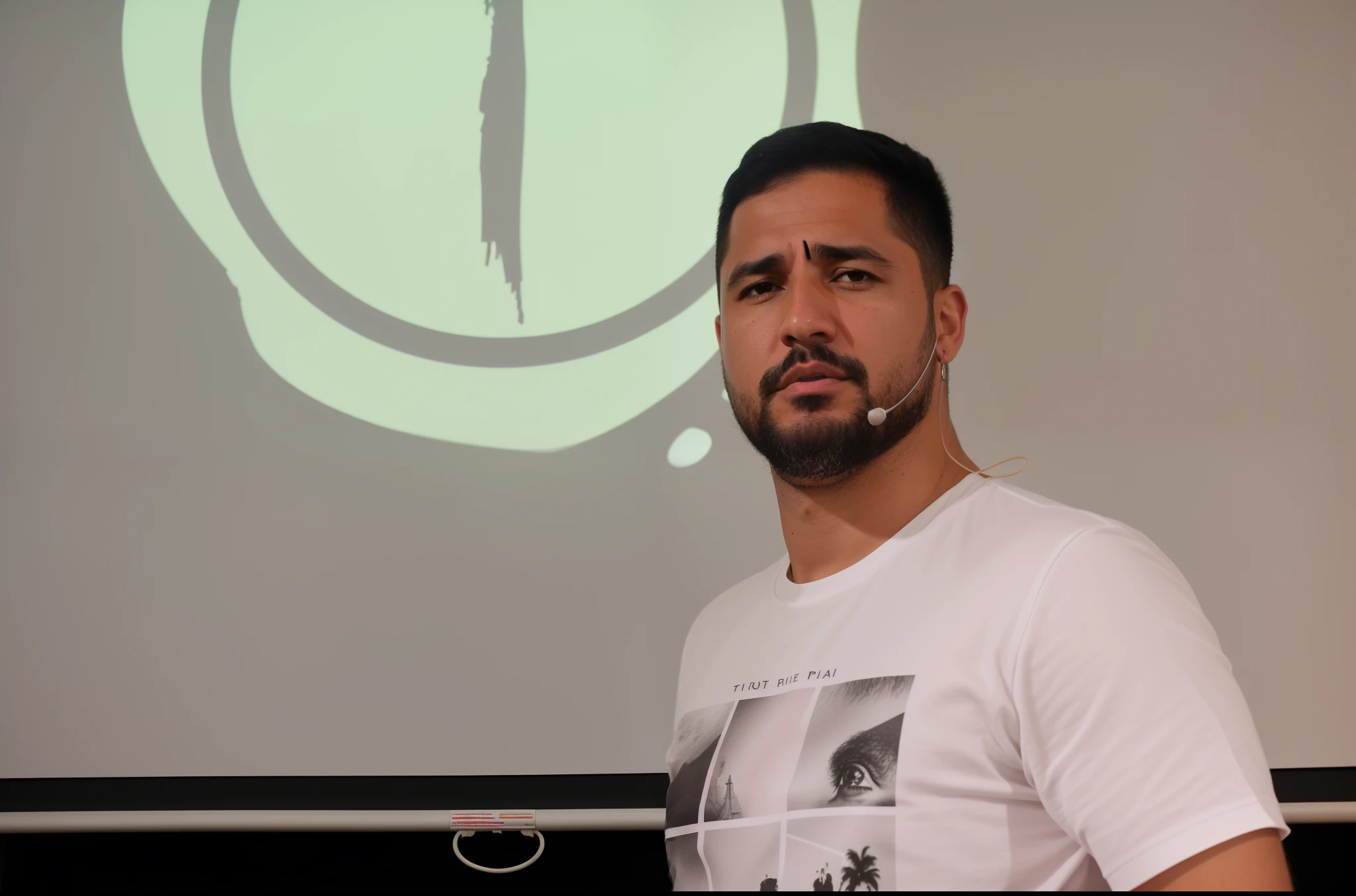 There's a man standing in front of a projection screen, Pablo Oliveira, Joel Torres, danilo torres, Rua Juliana, david rios ferreira, Directed by: Manuel Rendón Seminar, inspired by the Manuel Rendón Seminary, icaro carvalho, Ignacio Rios, Cristiano Orrillo, daniel mirante, by João Artur da Silva