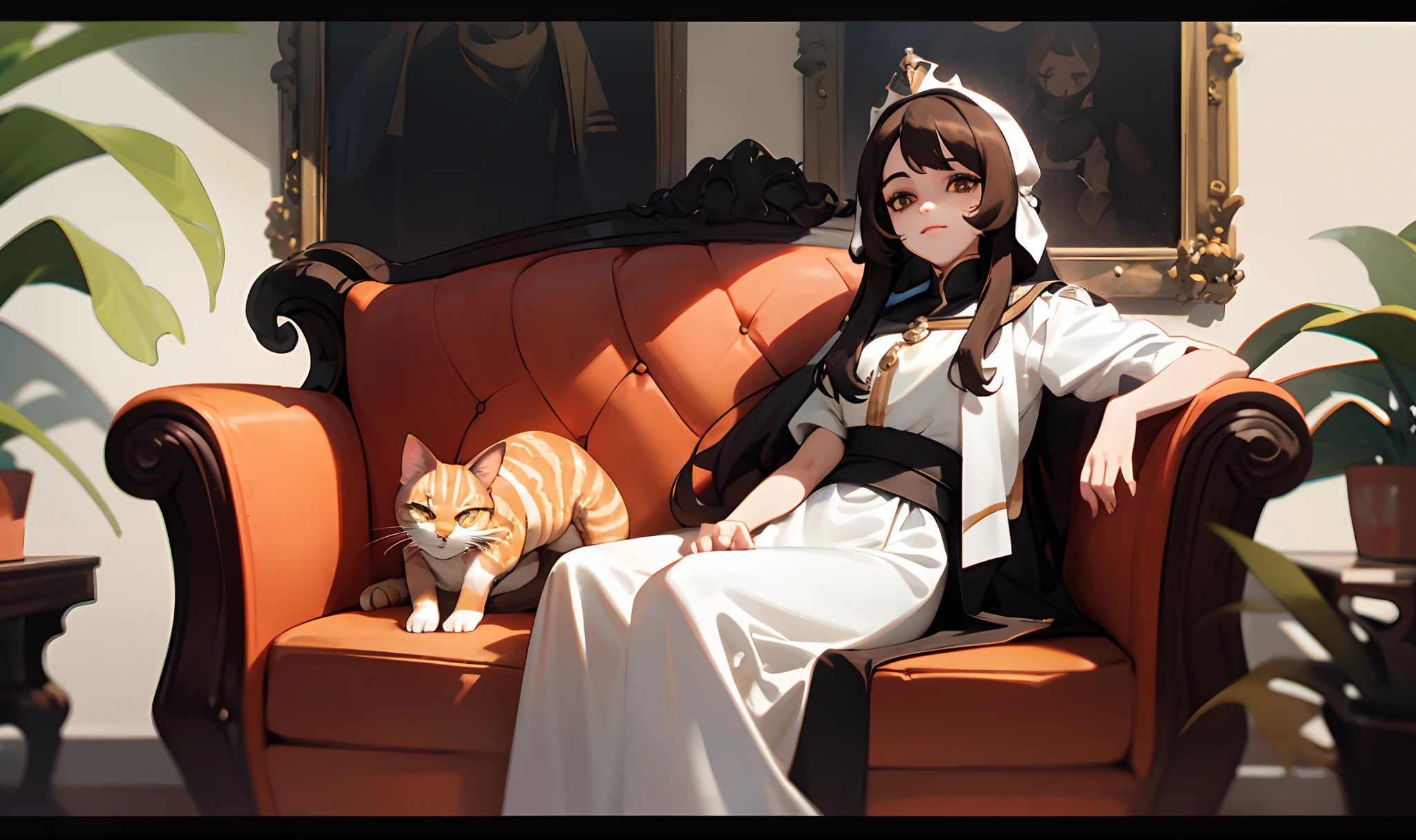 Criar em melhor qualidade, uma jovem de pele clara de cabelo preto e olhos castanhos acompanhada de um gato nas cores preto, laranja e branco, On a brown couch in a beautiful house, com texto Carol e Estrela