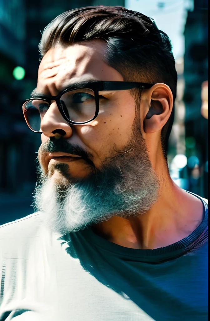 half-body photo of bearded guy with glasses, sit in middle of street, ((bokeh luz)), intrincado, (steel metal [descansar]), elegante, foco nítido, Foto tirada por Greg Rutkowski, soft lighting, cores vibrantes, (master part), ((Ruas)), (Rosto detalhado:1.2)