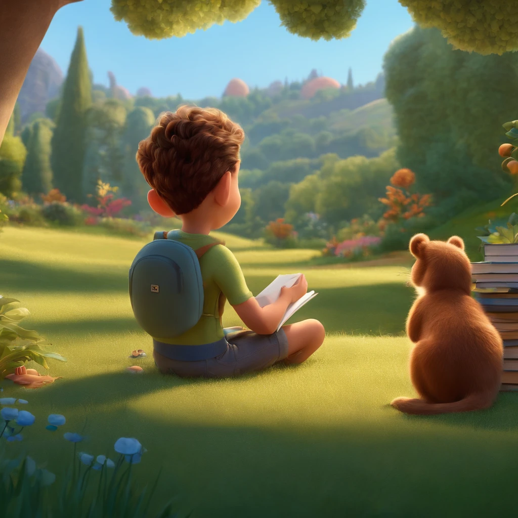 fundo branco, pixar desenhos animados 3D, homem lendo um livro, ::estilo pixar cartoon