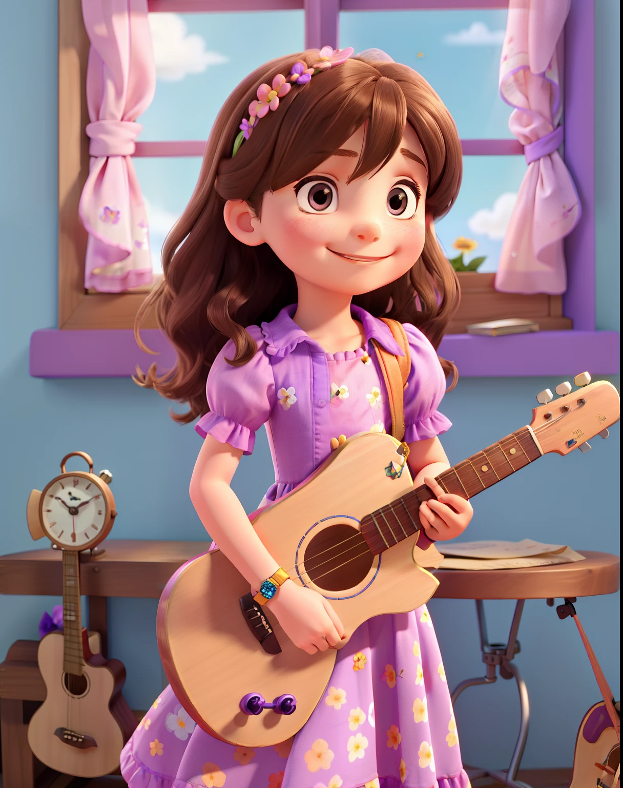 6-year-old brunette child with wooden guitar smiling broadly wearing a flowery pink dress with small purple ruffles and a watch on the wrist on a background with blue wall and a wooden window with text "victory"