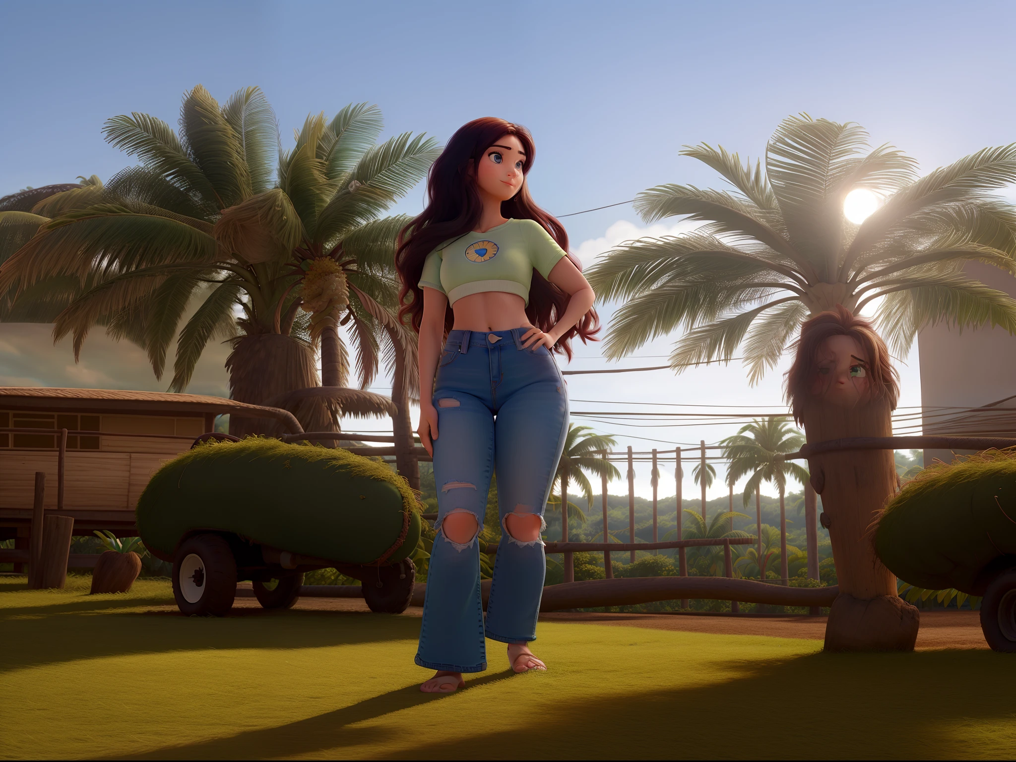 Mulher linda com leve franja, com 1,57 de altura, top verde, in jeans ripped at the knee,estilo pixar, with coconut trees in the background, olhando pro lado, com o cabelo na frente do rosto, sol ao fundo, olhos escuros, hd, Disney