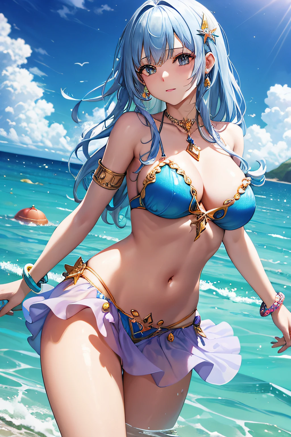 Best quality, high definition), princess on the beach, fantasy bikini with embellishments and jewelry, wearing a submersible fabric skirt. The princess is at the seashore, wearing a dazzling, colorful bikini adorned with seashells and gemstones. Her jewelry includes extravagant bracelets, necklaces, and rings. The submersible fabric skirt gently ripples in the water as she enjoys the sun and the sea breeze