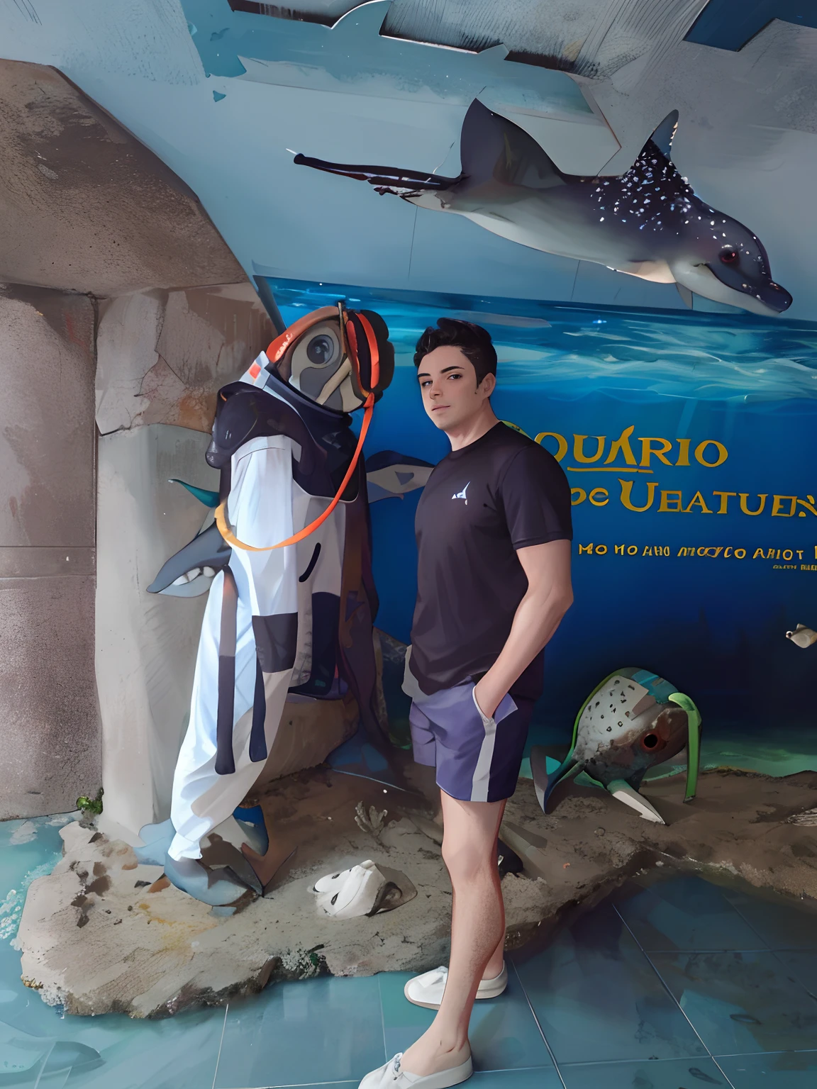 There's a man next to a statue of a dolphin, male robotic anthro dolphin, Standing under the sea, mergulho velho, male robotic anthro orca, An astronaut is under the sea, Fato de mergulho, octa 8k |, 🦩🪐🐞👩🏻🦳, Fotografia tirada em 2 0 2 0, A diver is under the sea