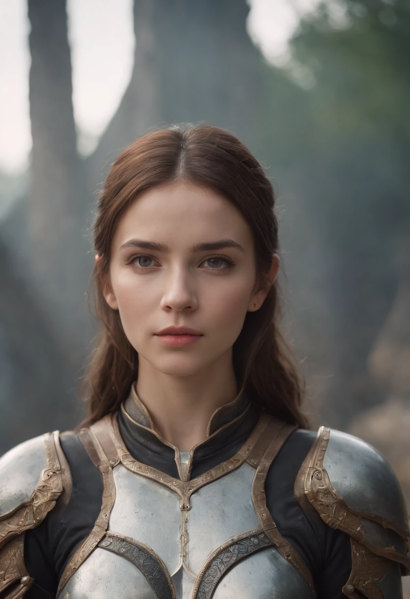 1 Powerful Girl in Upgraded Armor with Horrible Background, List of equipment on the right side and their abilities also mentioned, 8k UHD