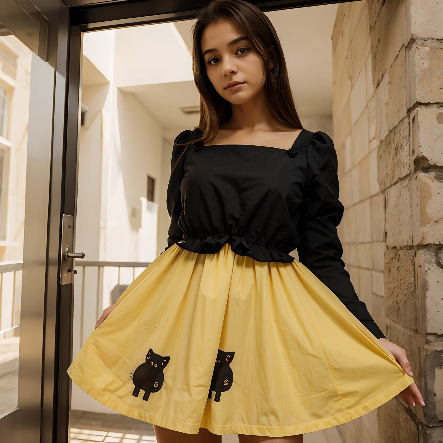 Uma menina fofinha de vestido amarelo com um gatinho preto