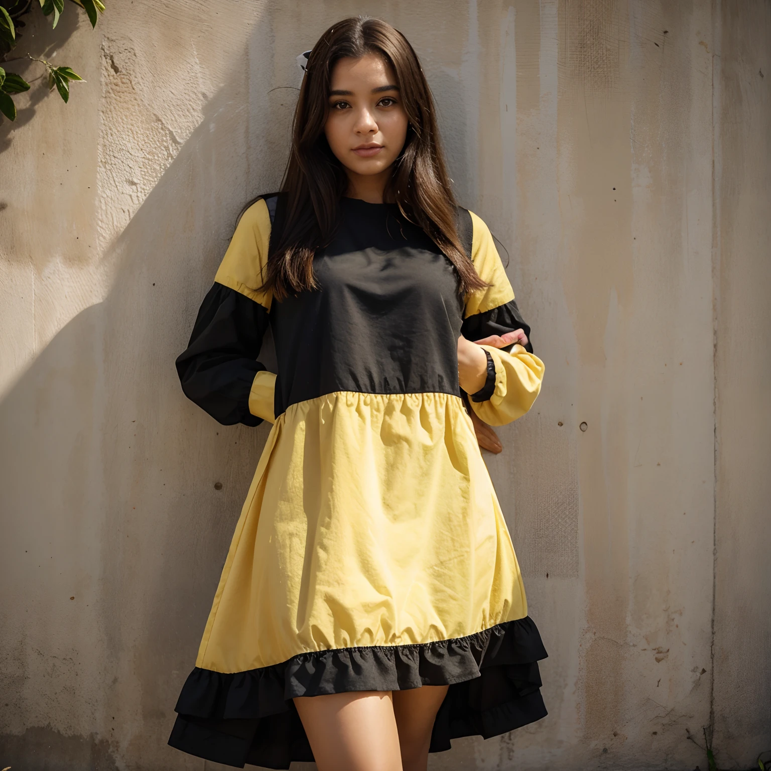 Uma menina fofinha de vestido amarelo com um gatinho preto