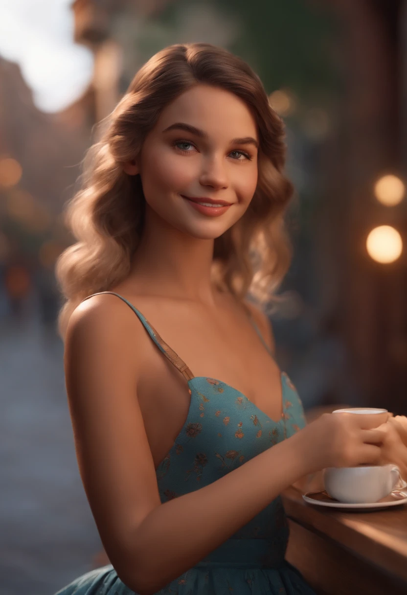 Image of a girl with café au lait skin and for a story in a YouTube video in Pixar format, She's a dancer, She's the best dancer, She's outgoing, Playful and gets up for a lot of things