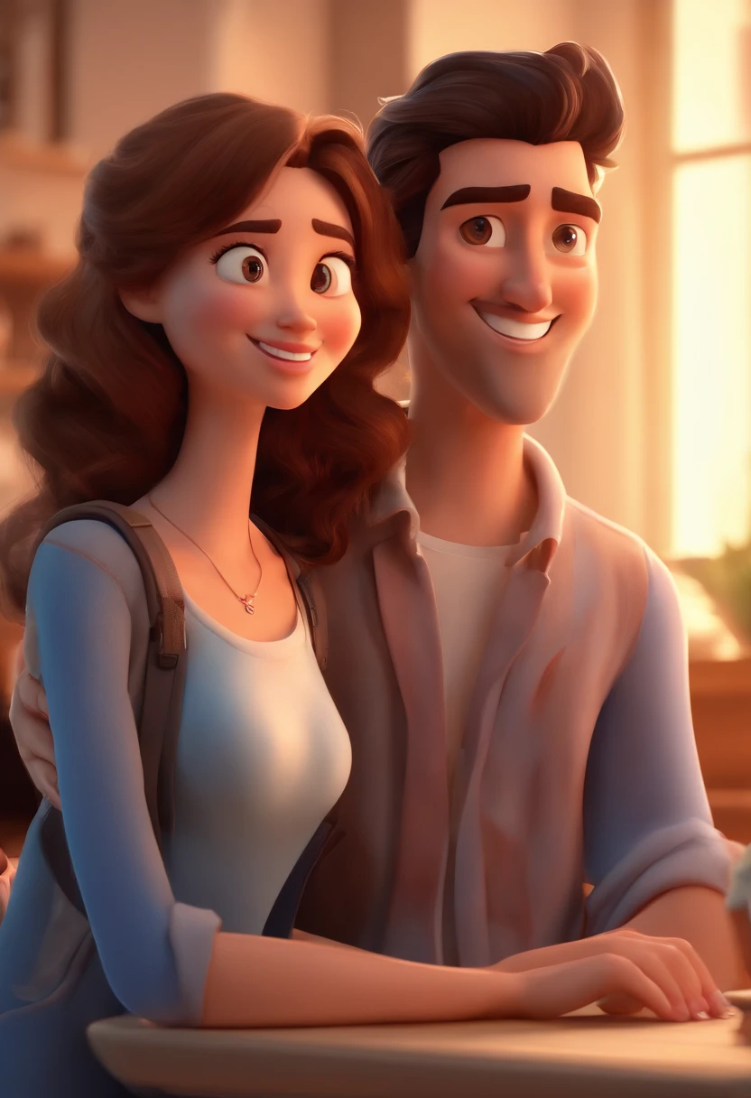 An illustration of an adorable couple, Highlight for a smiling chubby white man and a brunette woman with beautiful expressive eyes - the man's skin is white and the man's hair has, while the woman's skin is black and the woman's hair is straight and brown. They are a bright room, cada um com um sorriso no rosto, e compartilhar um momento especial caracterizado pelo amor, Insights. Illustrate this scene from a perspective where they are facing the camera, Smiling and Showing Your Connection. Desenvolva esta arte em Full HD, Focus on your cinematic touch, Estilo Disney Pixar Animations