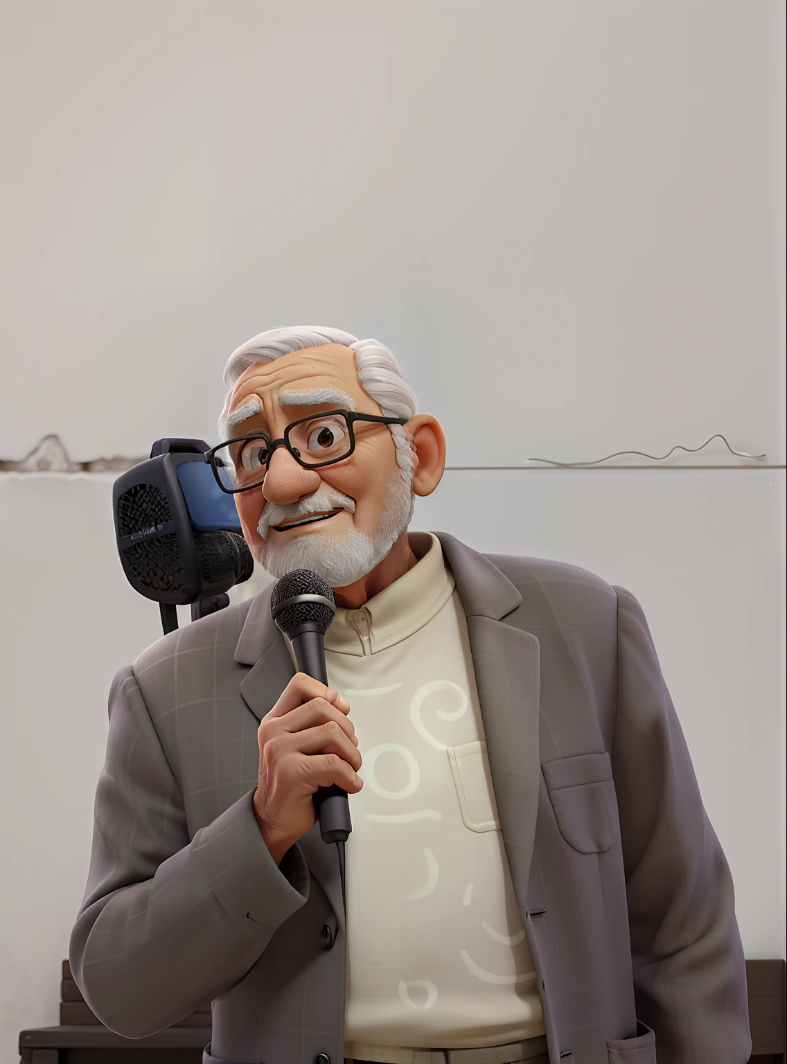 A wise old man standing with microphone in hand, with a smooth wall behind, olhos escuro, barba e cabelo branco com preto