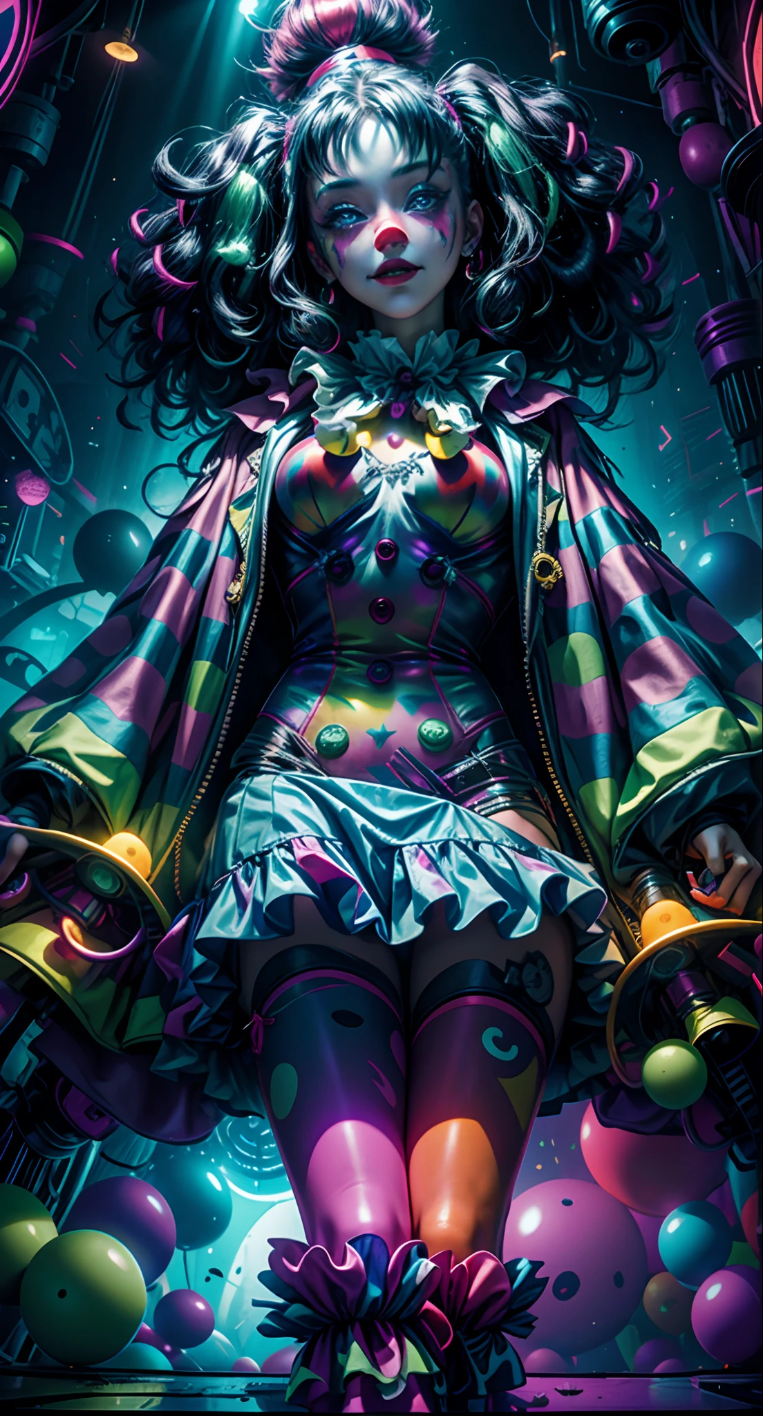 18-year-old taboo clown girl's face， ((Clown Girl)) ，Spooky and evil eyes，Blue light and green light，Neon lights