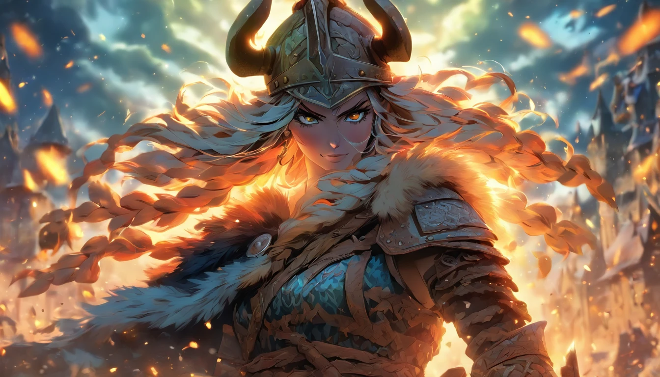 A Viking warrior dressed in heavy Viking armor and wielding a formidable weapon, showing her warrior spirit. Make sure that the backdrop reflects the rugged beauty of a Viking landscape, bright eyes outstretched, Biomechanics, strange, scary, Nightmare, very fun cores, light particles, with bright light, Mshiff, Wallpaper Art, Wallpaper UHD wall