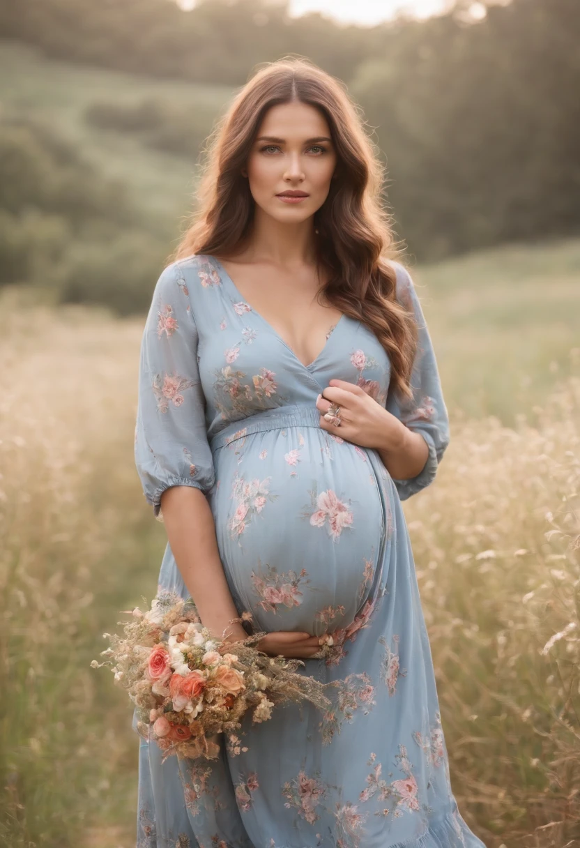 Pregnant women、Caucasian、Brown Hair、Maternity Dresses、Sit on a chair