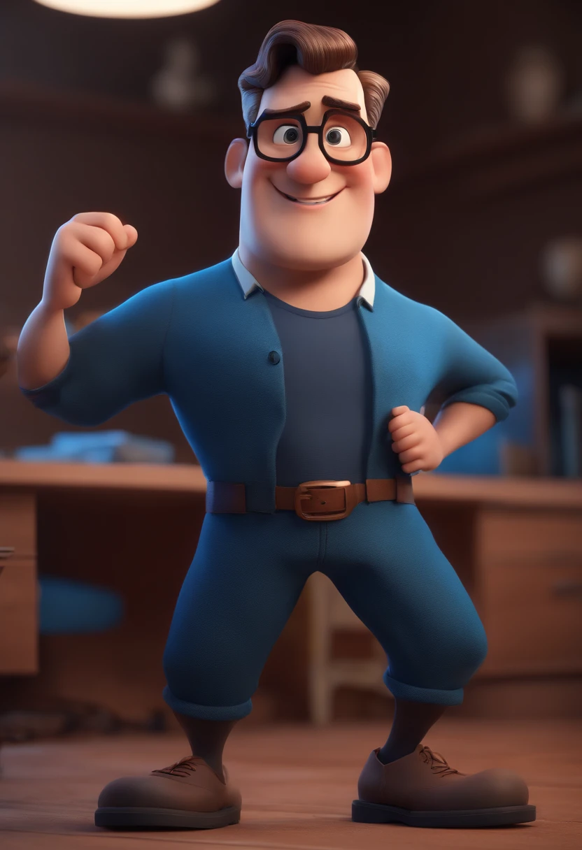 Cartoon character of a man with black glasses and a blue shirt, animation character, Caractere estilizado, animation style rendering, 3D estilizado, Arnold Maya render, 3 d render stylized, toon render keyshot, Personagem 3D, Personagem 3D, 3d rendering stylized, 3 d character render, personagem de desenho animado, Personagem de close up, Pose de personagem, (Estilo Pixar) (master part:1.2) (Bokeh) (best quality) (pele detalhada) (textura detalhada) (8k) (argila) (Cinematic lighting) (foco nítido
