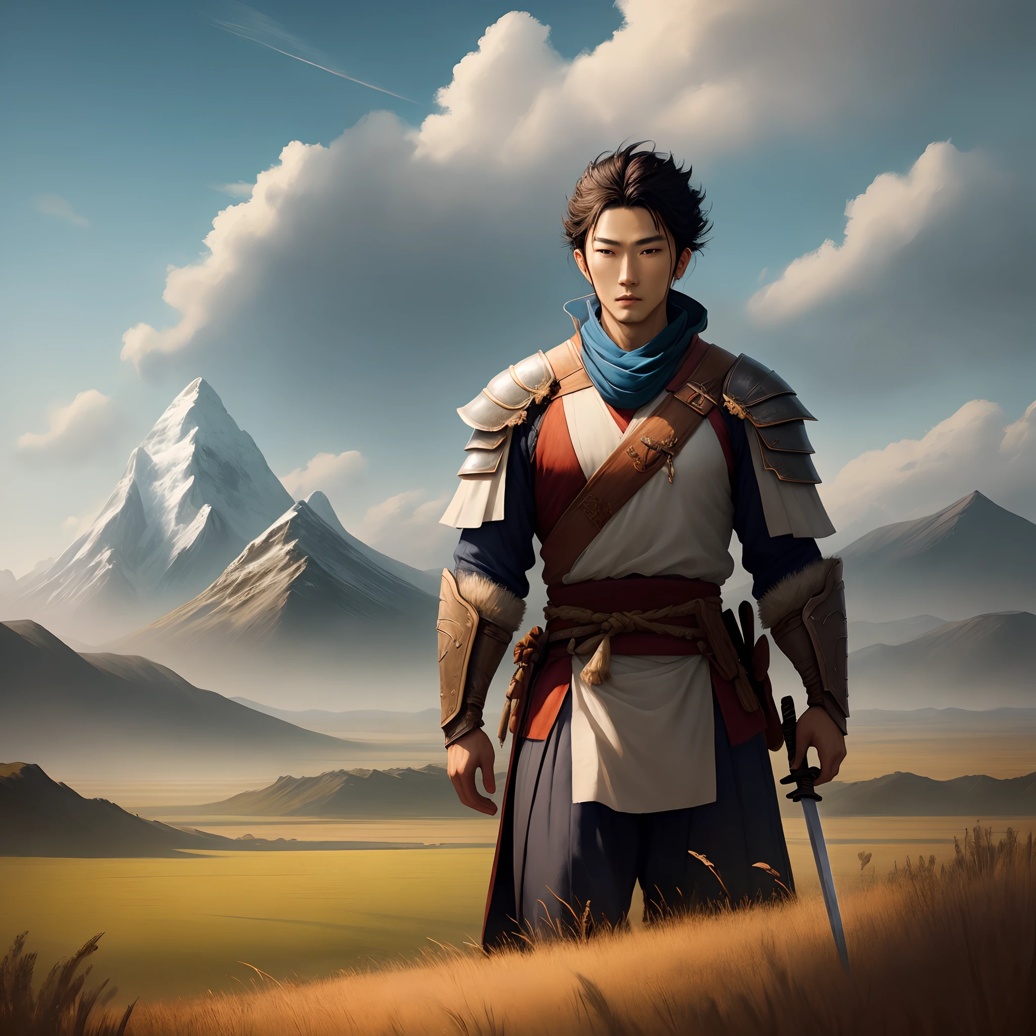 Swordsman, plains and mountains, expansive landscape, god of time
