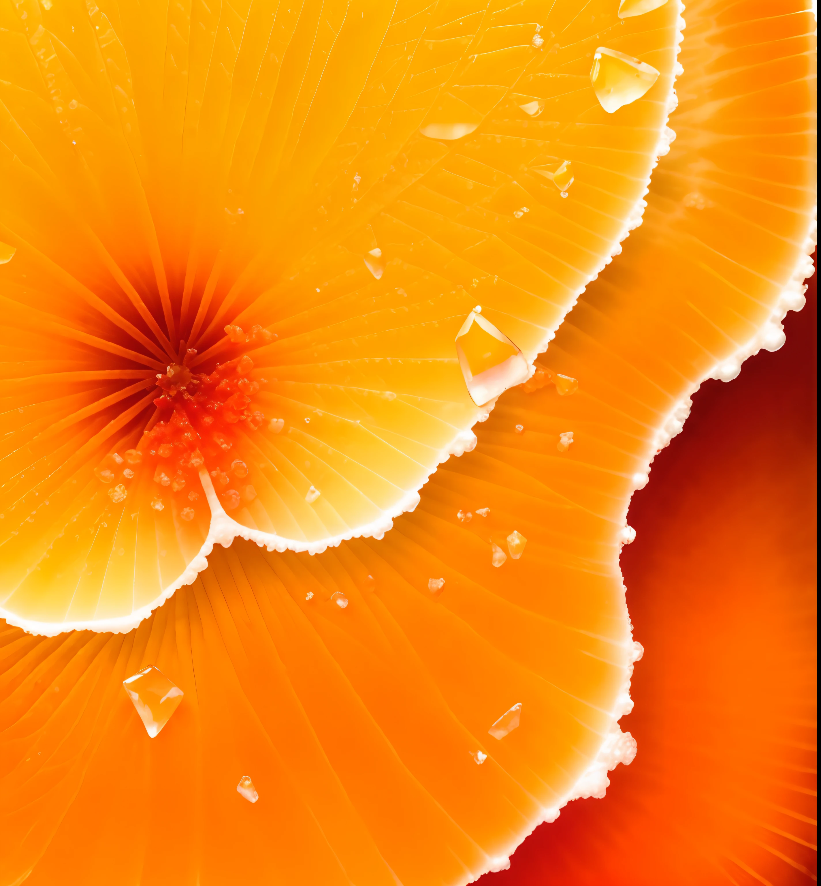There is a close-up of a piece of food with an orange, nug pic, close up of single sugar crystal, jelly - like texture, red caviar instead of sand, orange minerals, an extreme closeup shot, jelly - like texture. photographed, Partly bloody crystals, resin, crush, an extreme closeup shot, bubbling skin, liquid translucent amber, When the wax skin is enlarged, it is the world of flowers