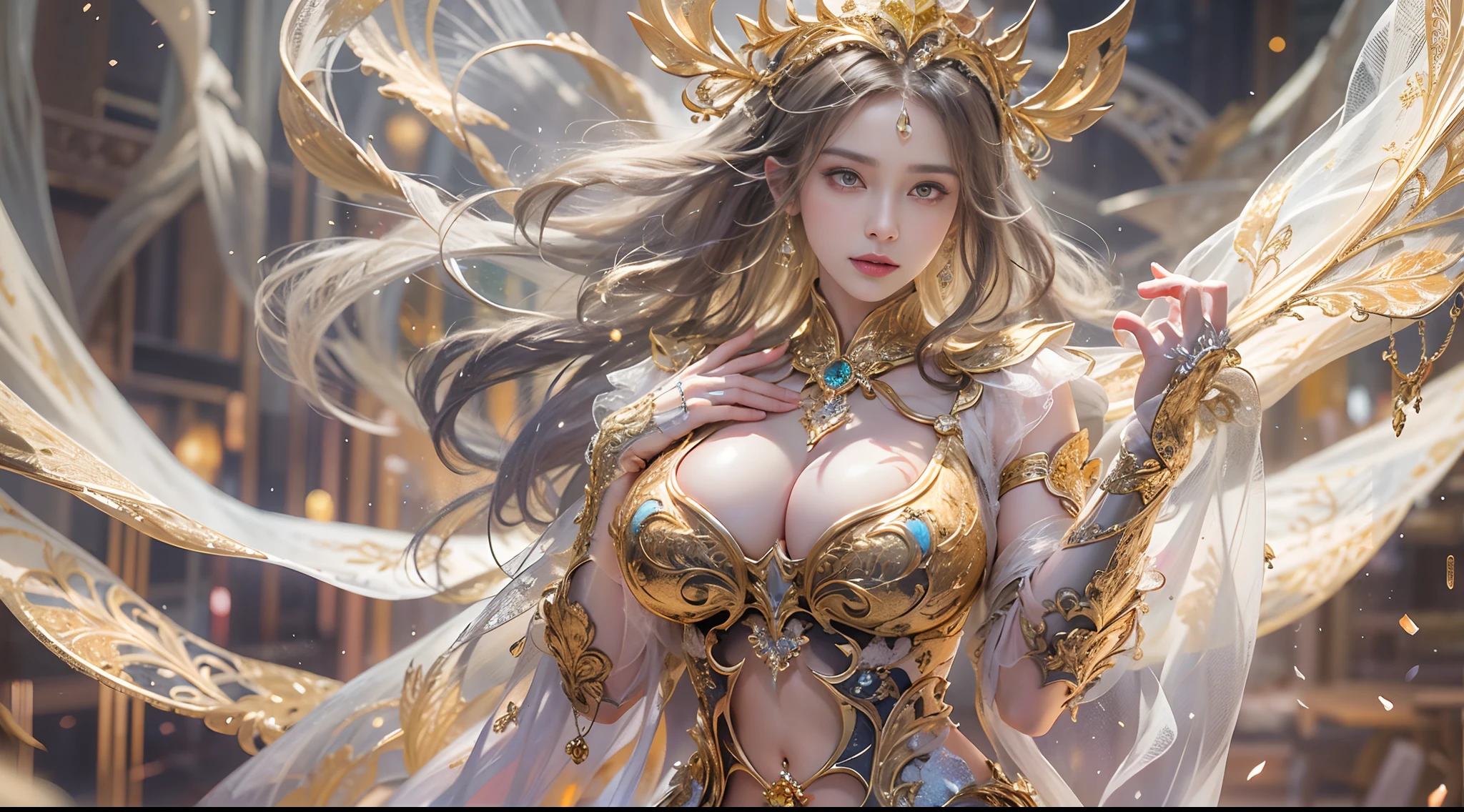 Woman in a golden transparent dress,view the viewer,(((Huge breasts, Large cleavage))),Slim waist,(navel baring,Bare waist), Long hair, Ultra-detailed details,High-end Zhenyi station, Rainstorm site, detailed fantasy art, Stunning character art, Beautiful and exquisite character art, Beautiful gold and silver armor, Extremely detailed, Girl in shiny armor, Exquisite tiaras and jewelry,Crystal jewelry filigree, milky ways, Stunning visuals, (dynamic streaks, light tracks:1.2), Vibrant colors,