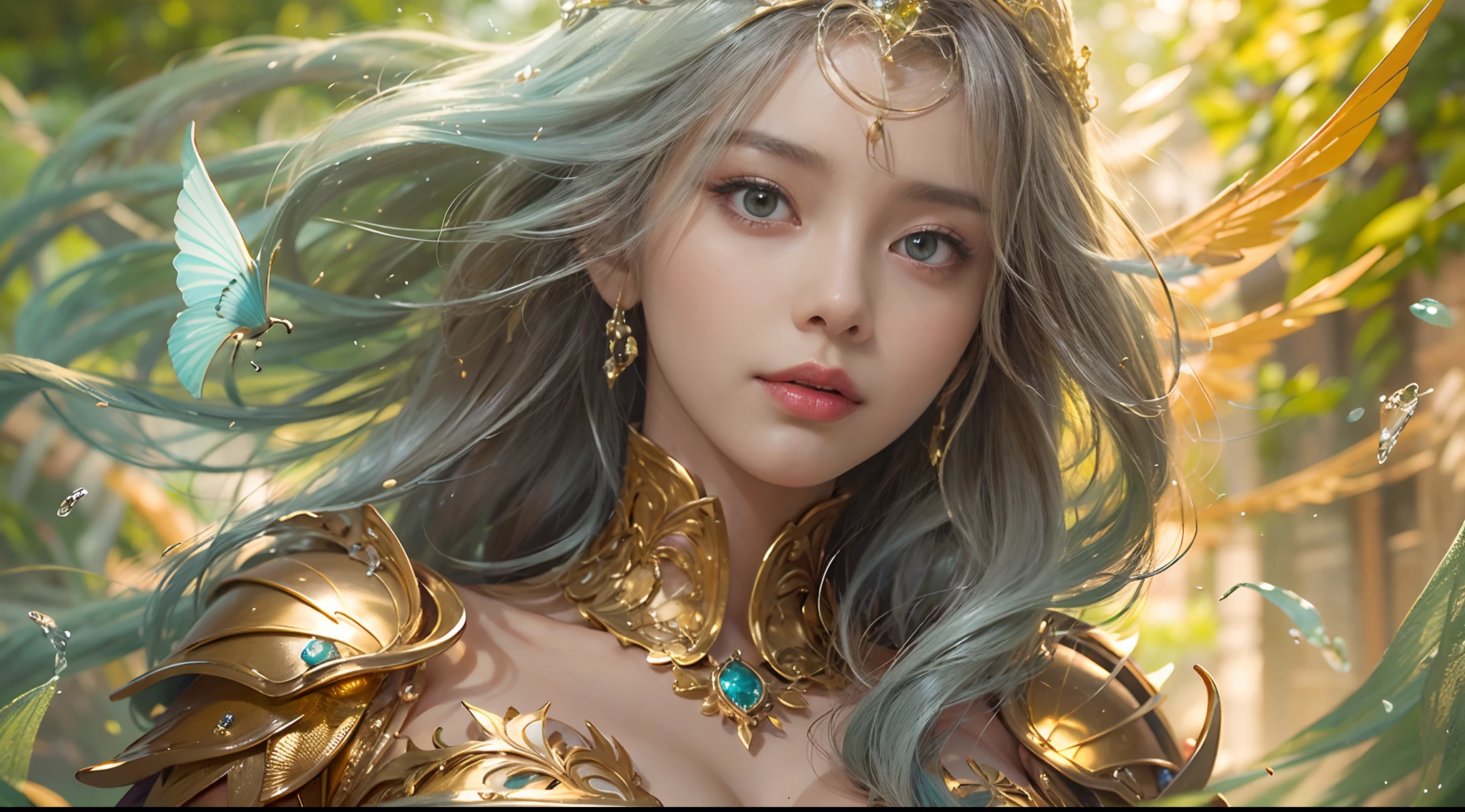 Woman in a golden transparent dress,view the viewer,(((Huge breasts, Large cleavage))),Slim waist,(navel baring,Bare waist), Long hair, Ultra-detailed details,High-end Zhenyi station, Rainstorm site, detailed fantasy art, Stunning character art, Beautiful and exquisite character art, Beautiful gold and silver armor, Extremely detailed, Girl in shiny armor, Exquisite tiaras and jewelry,Crystal jewelry filigree, milky ways, Stunning visuals, (dynamic streaks, light tracks:1.2), Vibrant colors,