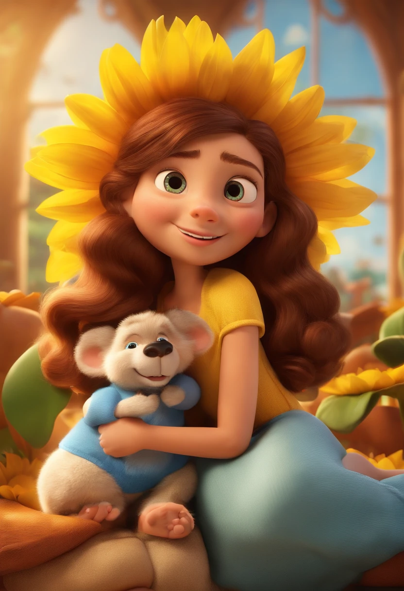 Create a Disney PIXAR-style 3D poster. ((centro da imagem, Pai, mami, brother and sister)), ((2 adults and 2 children)) ((1 homem, 1 mulher 1 e 1 meninado, They're hugging each other, O menino tem pstanha e cabelos castanhos encaracolados escuros e olhos castanhos escuros, 1 menina tem pele ca, olhos e cabelos escuros e cacheados, olhos escuros e cabelos escuros e lisos)) ((tudo isso no estilo Disney PIXAR 3D, In the background, A house of sunflowers, Gloria Studio, The garden is full of nature 3D render RTX clay material, estilo de design cartunesco, POP Mart, soft lighting, linhas suaves, Spring tilt, Detailed illustrations of PIXAR 3D, Detalhes hiper-realistas, cor quente no estilo Disney PIXAR 3D))
