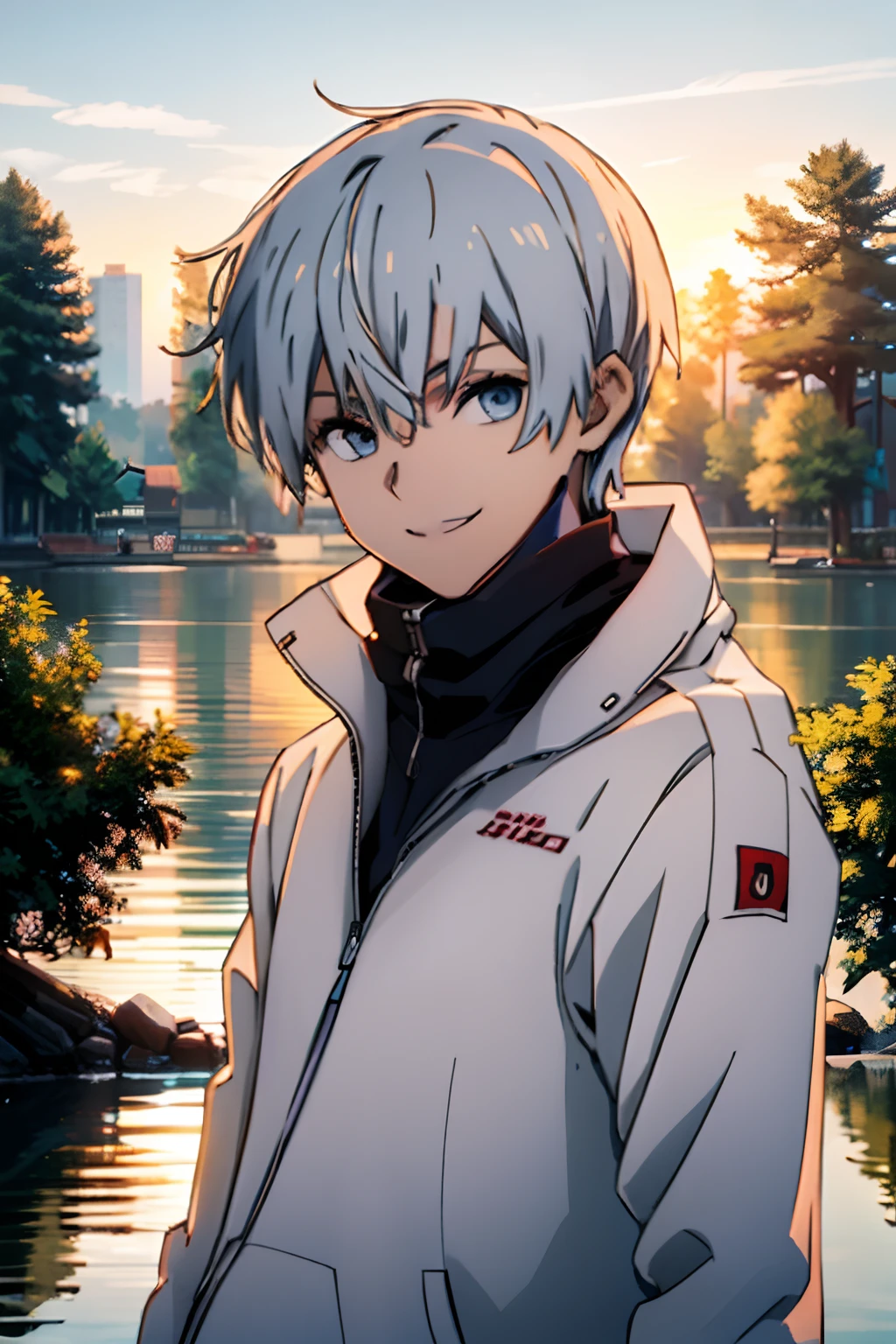 young man, white hair, wearing american gym white jacket, in a chinese garden, smiling, blue eyes, 4k, chinese trees behind, sunset, lake in the background, full HD, best quality