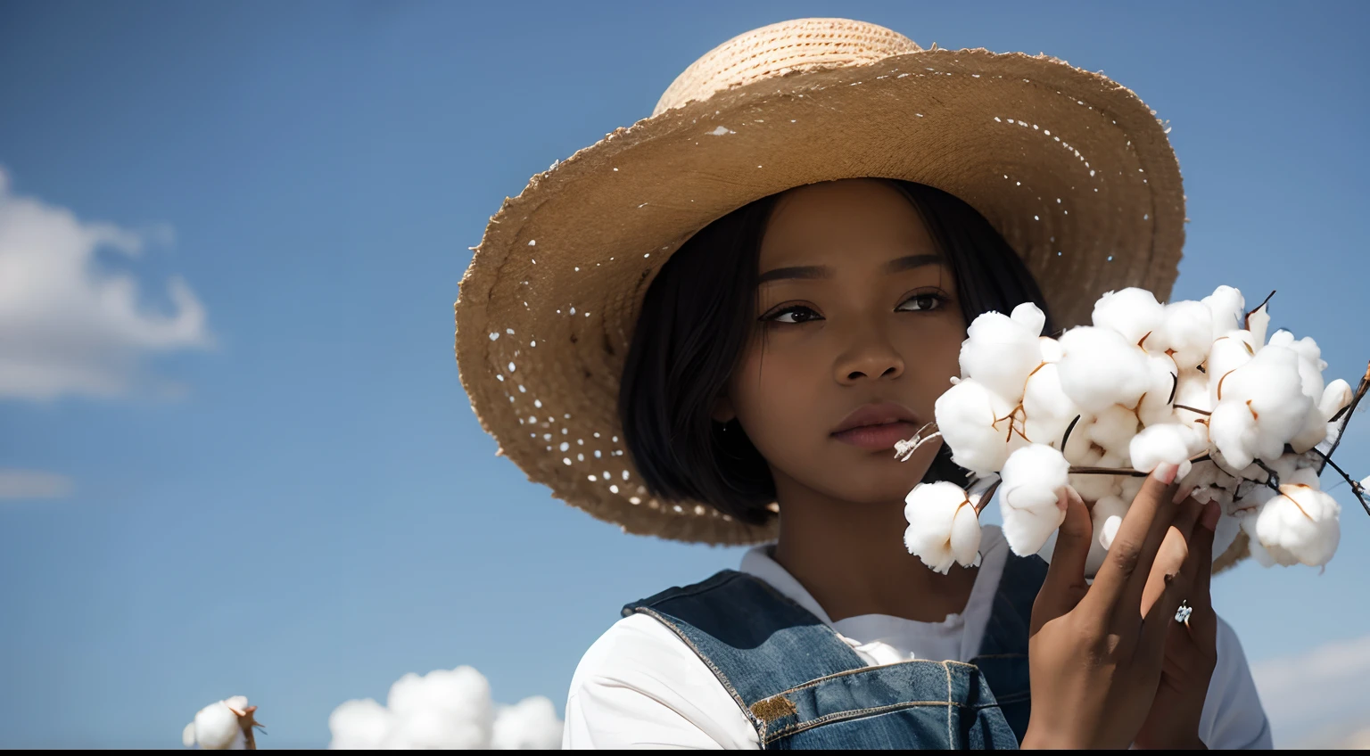 Black woman harvesting cotton flowers