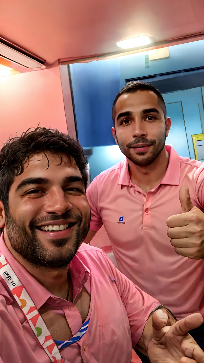 smiling man in a pink shirt and a man in a blue shirt giving a thumbs up, edu souza, caio santos, dan dos santos, in sao paulo, with godray, david rios ferreira, icaro carvalho, ronaldo luis nazario da lima, captured on iphone, Henry Alvim Correa, inspired by Nathan Oliveira