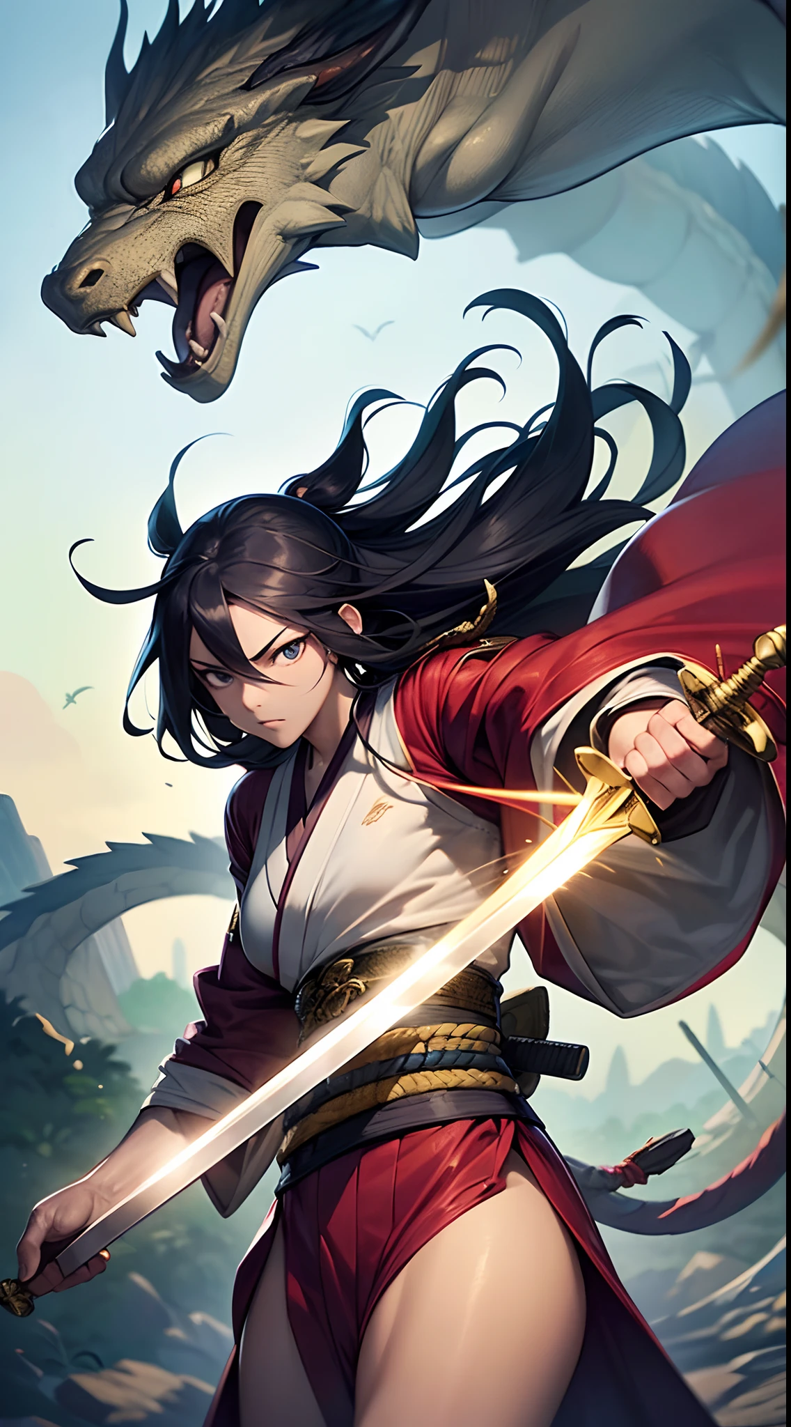 masutepiece，Professional Painting Works，winning artwork，extremely detailed and lifelike，Majestic nature，Japan swordsman with a sword，Wearing kimono，Muscles are raised，Great disaster々Slash your sword at the dragon，It's very powerful，A scene from the anime，Fantasy works