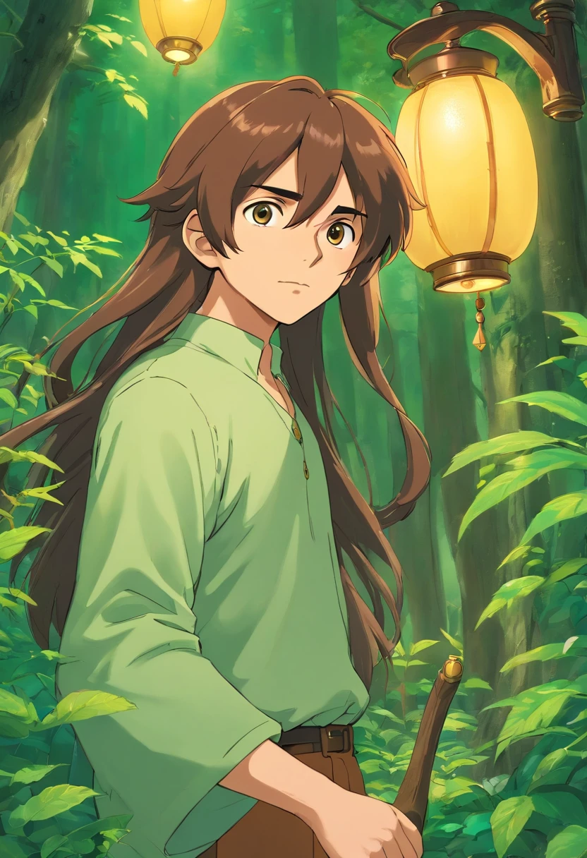 1 homem jovem, long hair very long medium size brown, olhos verdes, magro, ombros largos, bigode lampshade, maxilar marcado